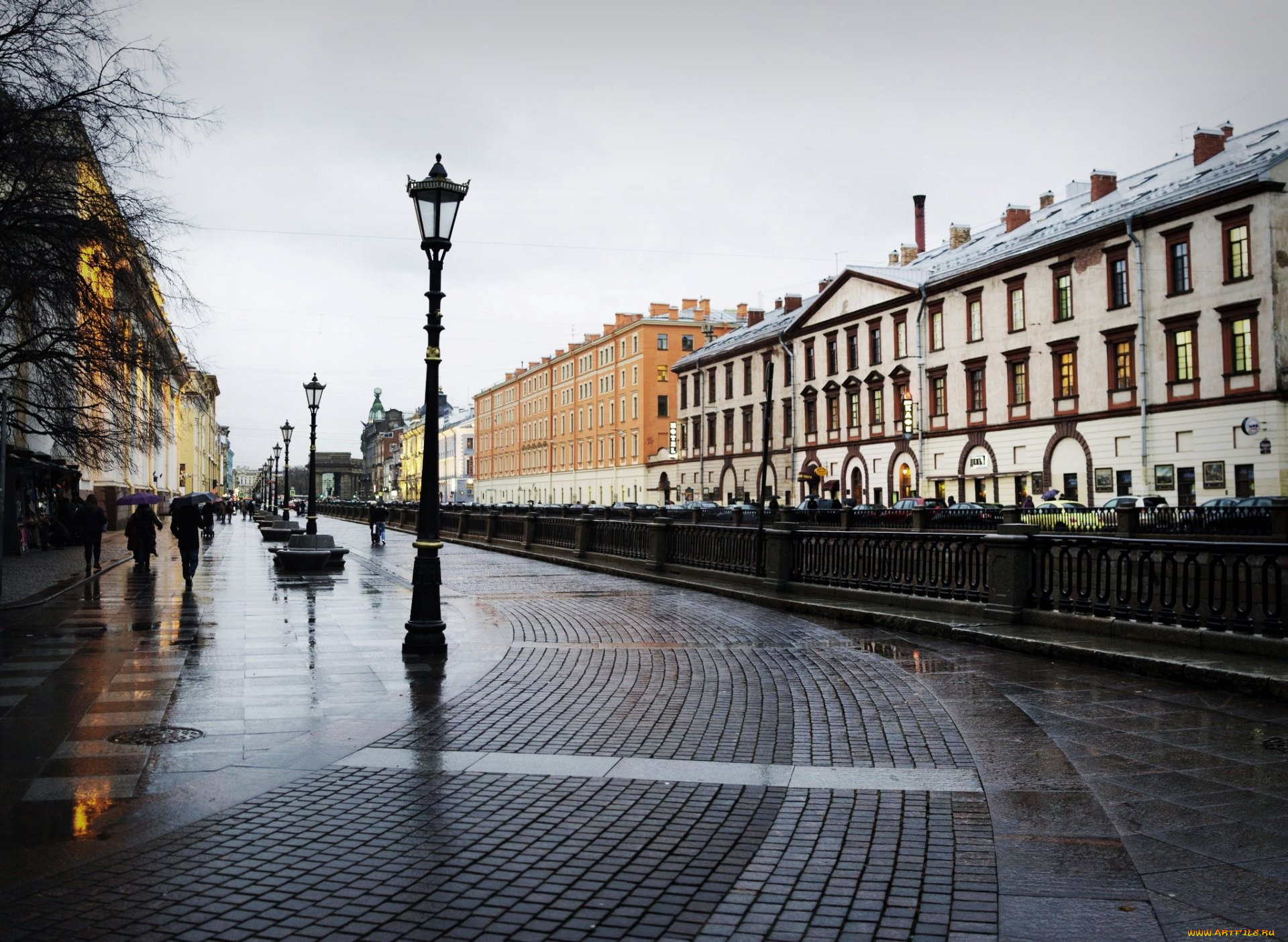 города, санкт-петербург, , петергоф, , россия, питер, тротуарная, плитка, пасмурно, дождь, фонари