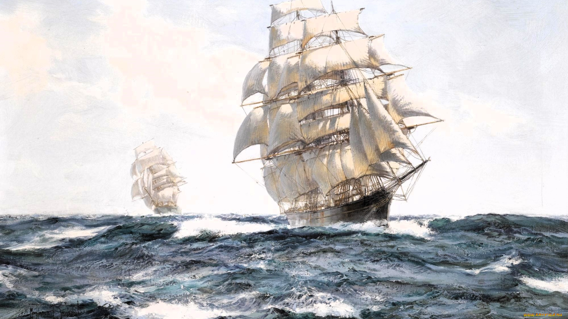 рисованное, montague, dawson, корабли, парусники, море