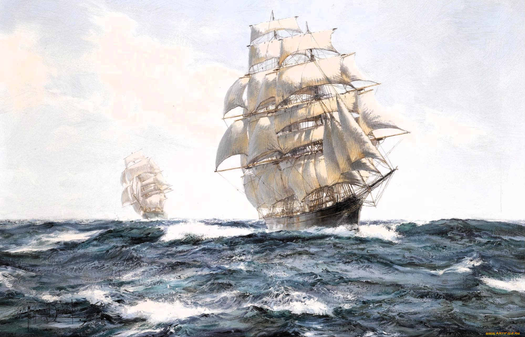 рисованное, montague, dawson, корабли, парусники, море