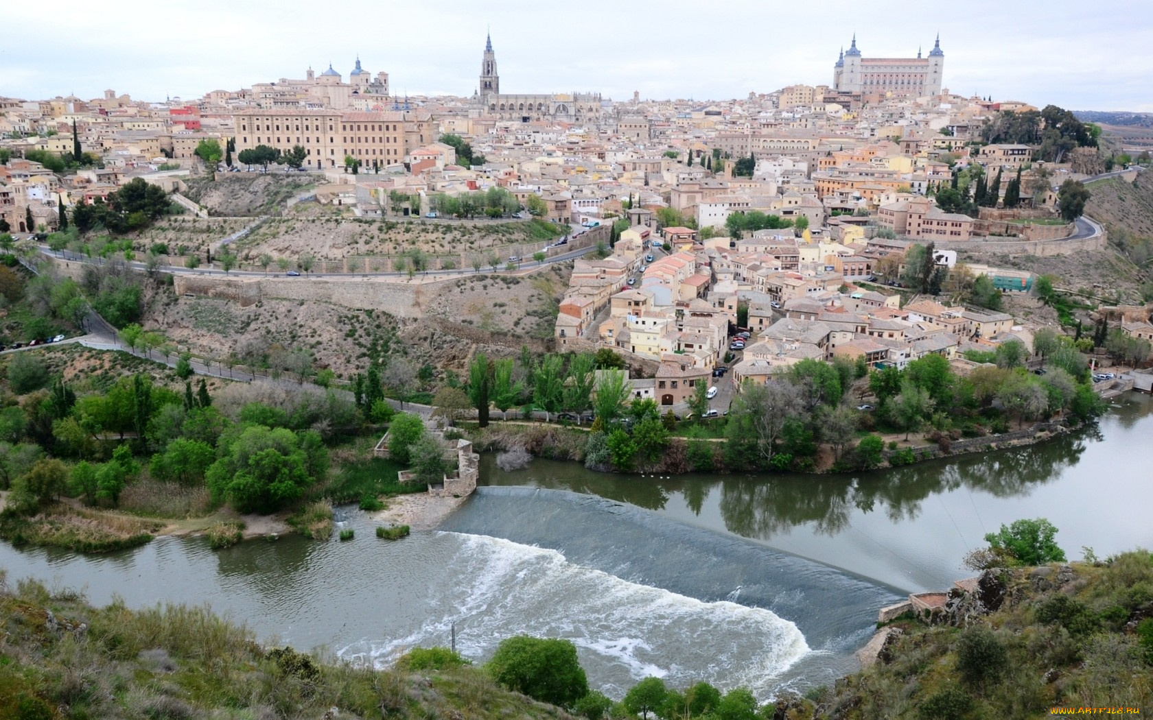 толедо, испания, города, вода, панорама, здания