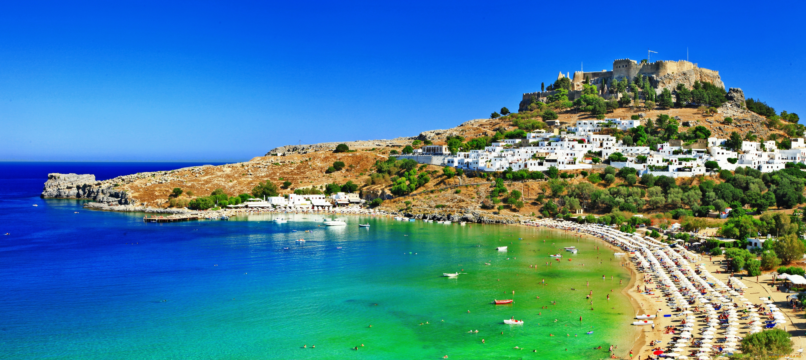 lindos, , greece, города, -, панорамы, побережье, mediterranean, sea, rhodes, greece, остров, средиземное, море, родос, холм, крепость, панорама, пляж, греция, линдос