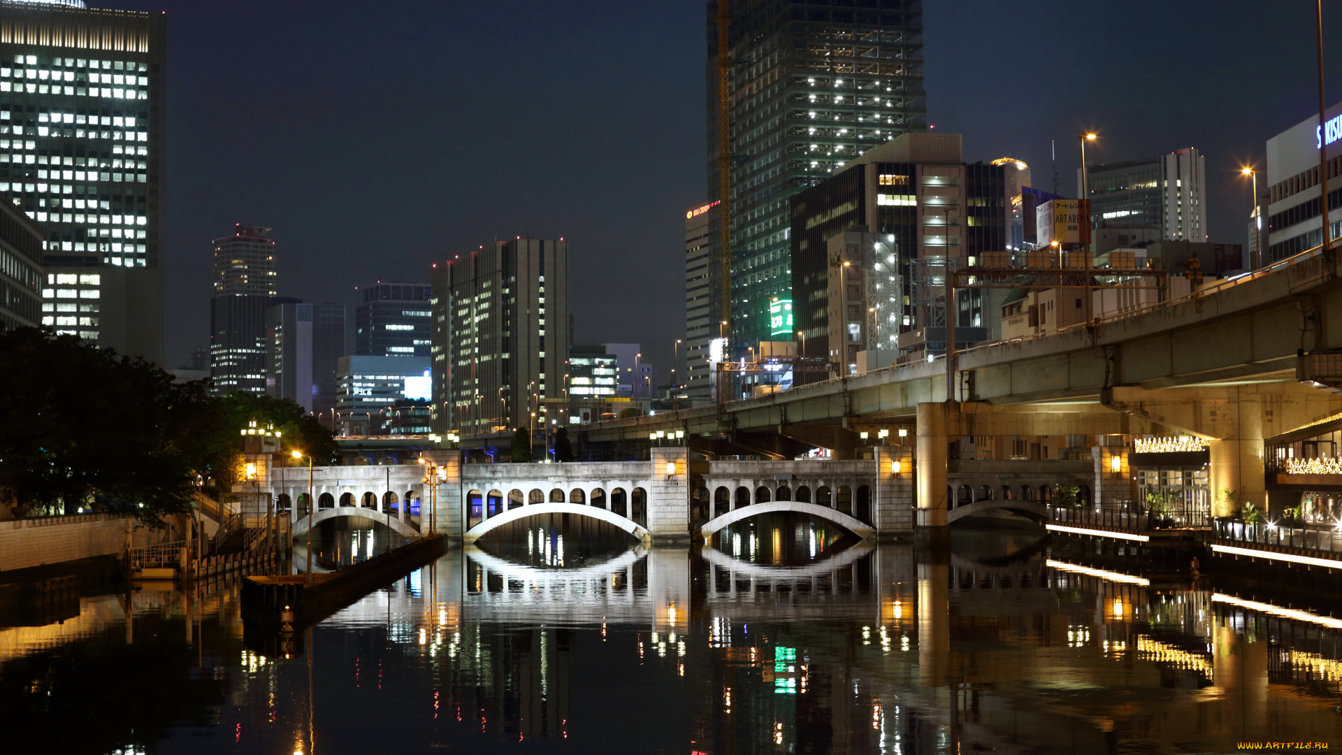 fukuoka, Япония, города, -, огни, ночного, города, fukuoka, Япония, небоскребы, река, ночь, огни, мост
