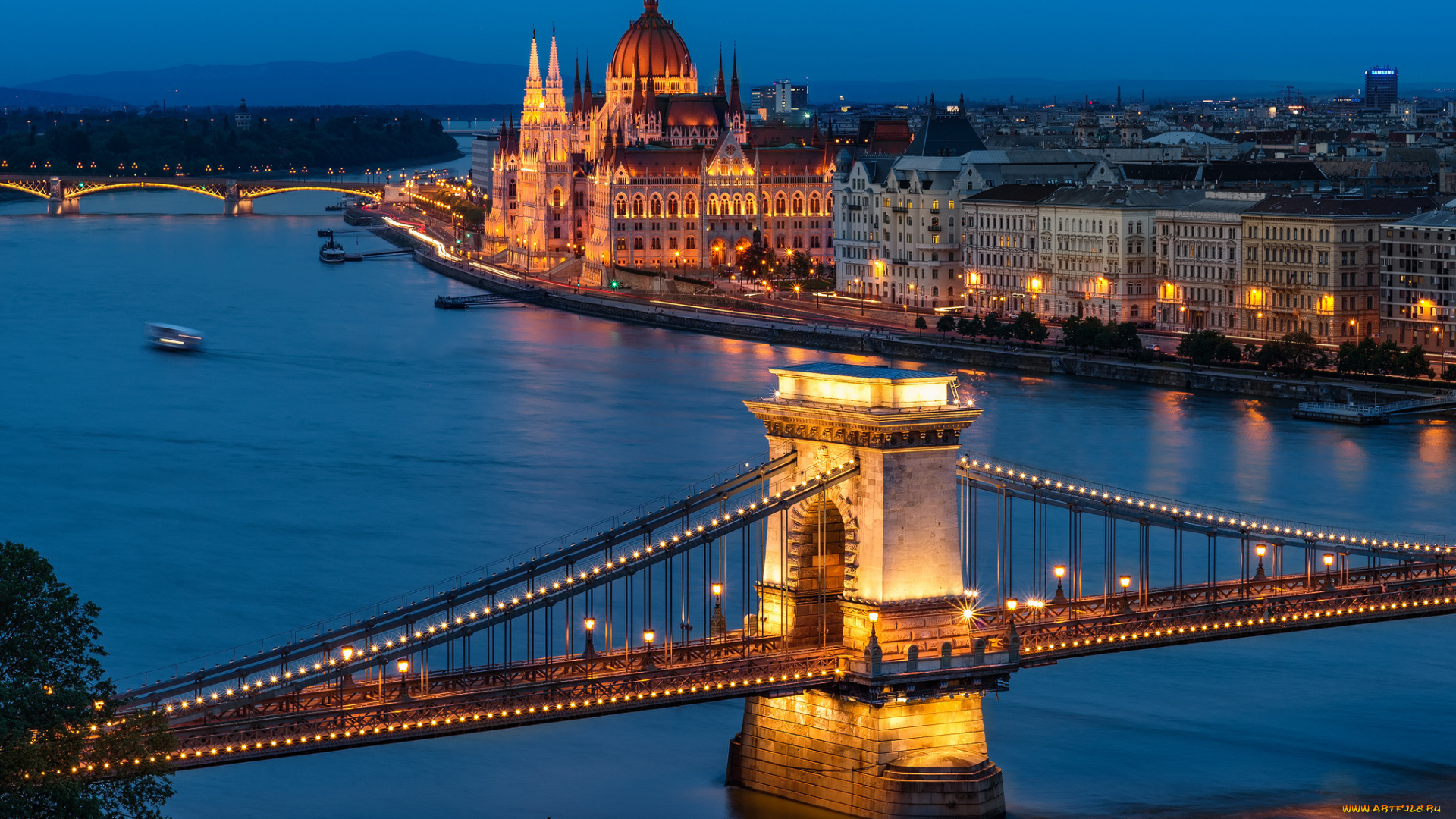 города, будапешт, , венгрия, парламент, мосты, вечер, будапешт, город