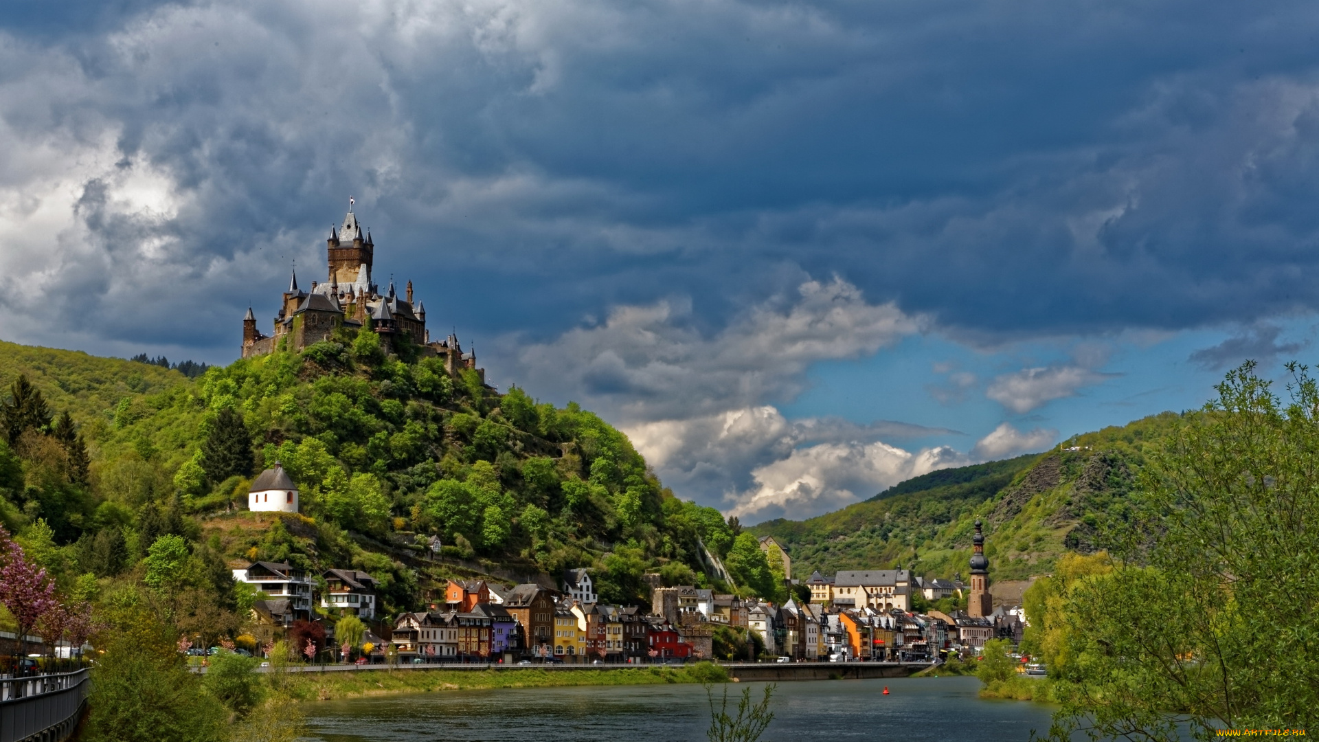 города, кохем, , германия, cochem, дома, замок, река