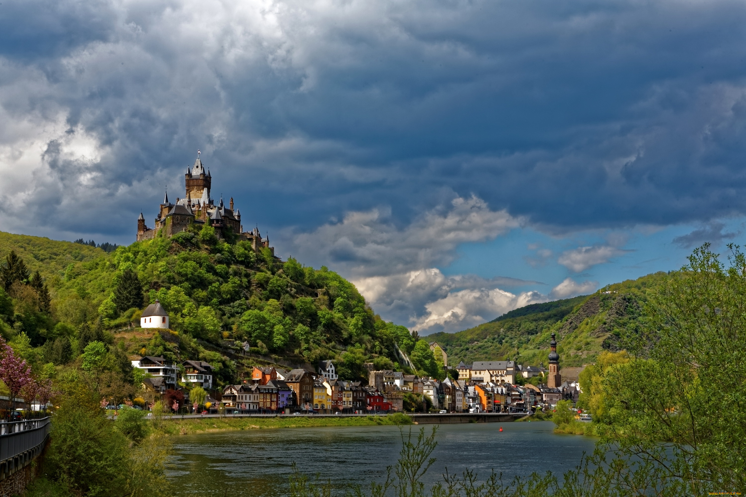 города, кохем, , германия, cochem, дома, замок, река