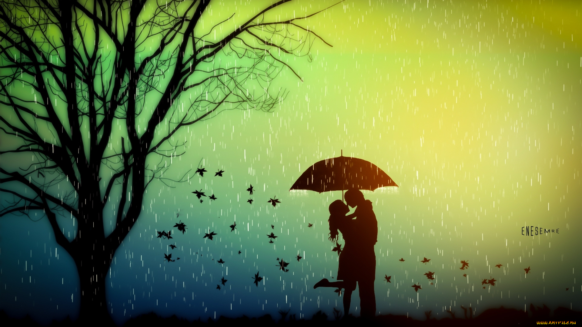 векторная, графика, люди, , people, влюбленные, осень, зонт, романтика, любовь, дерево, настроение, листья, дождь