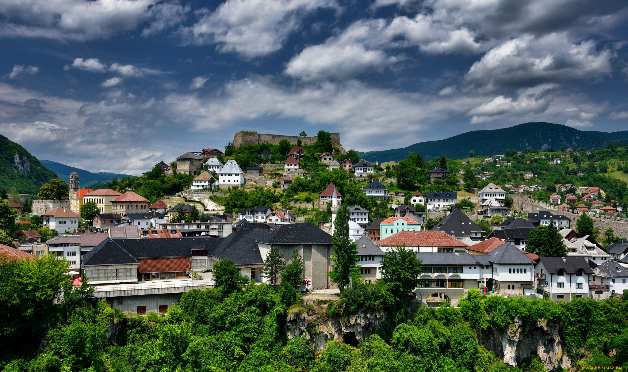 jajce, города, -, панорамы, городок, холм