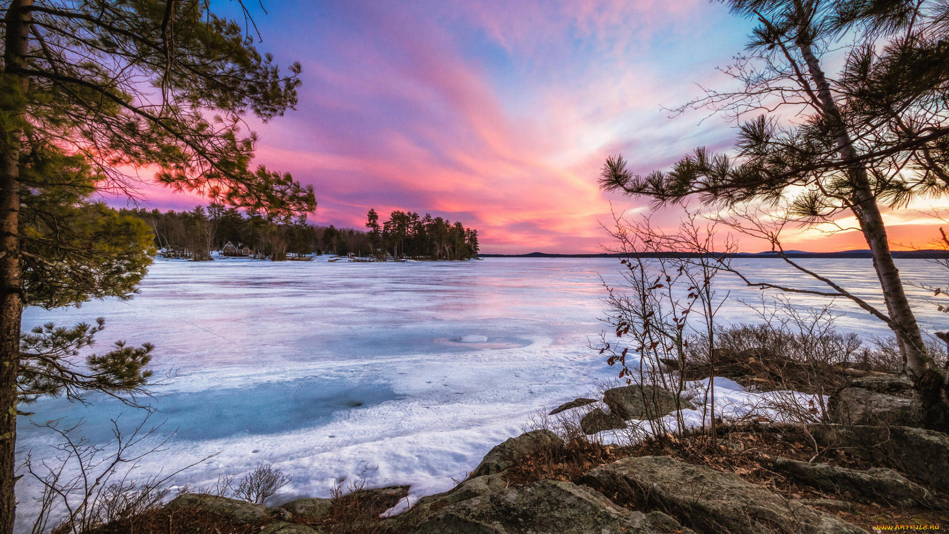 природа, зима, lake, winnipesaukee, нью-гемпшир, новая, англия, закат