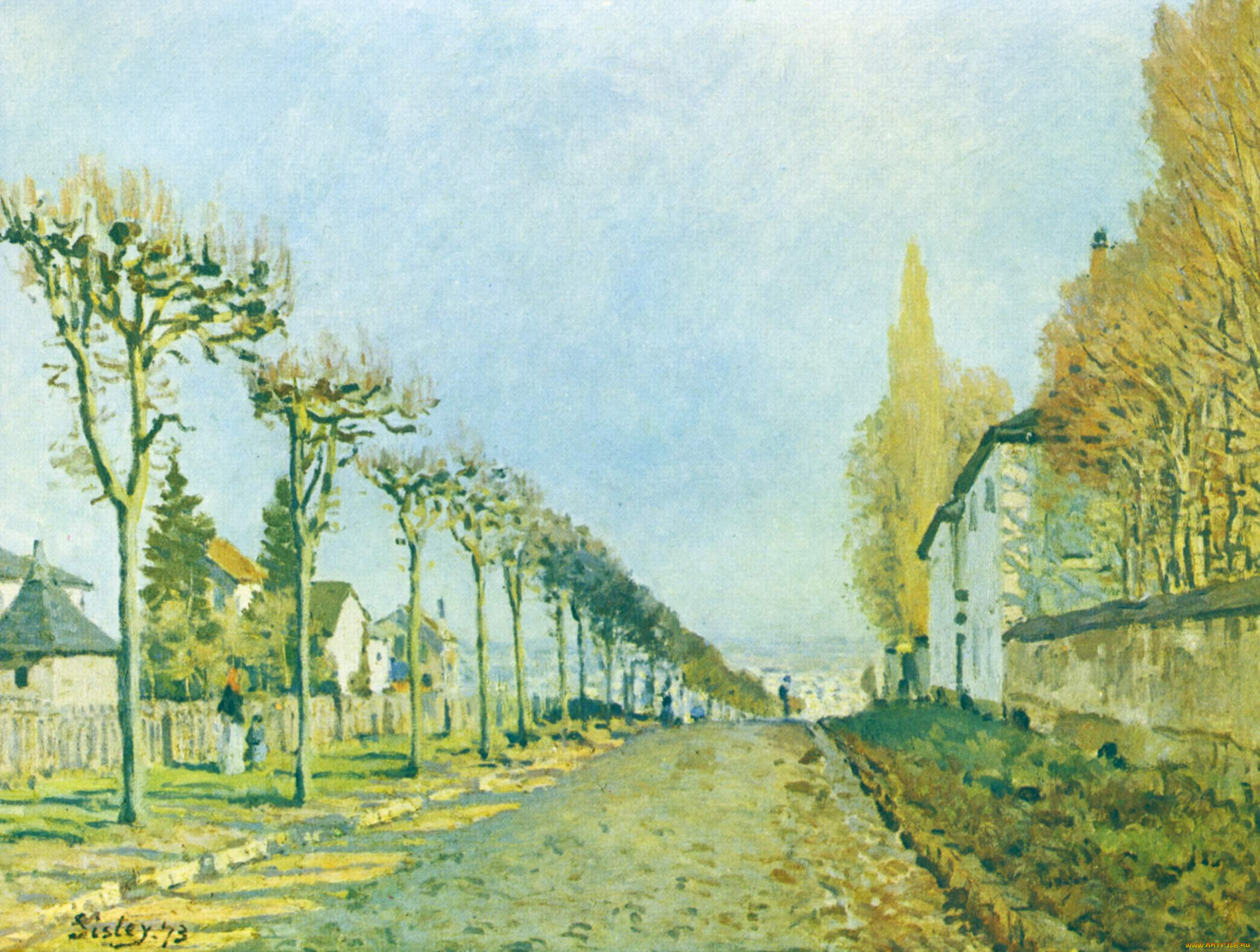 рисованное, alfred, sisley, аллея, улица, деревья, дома, живопись