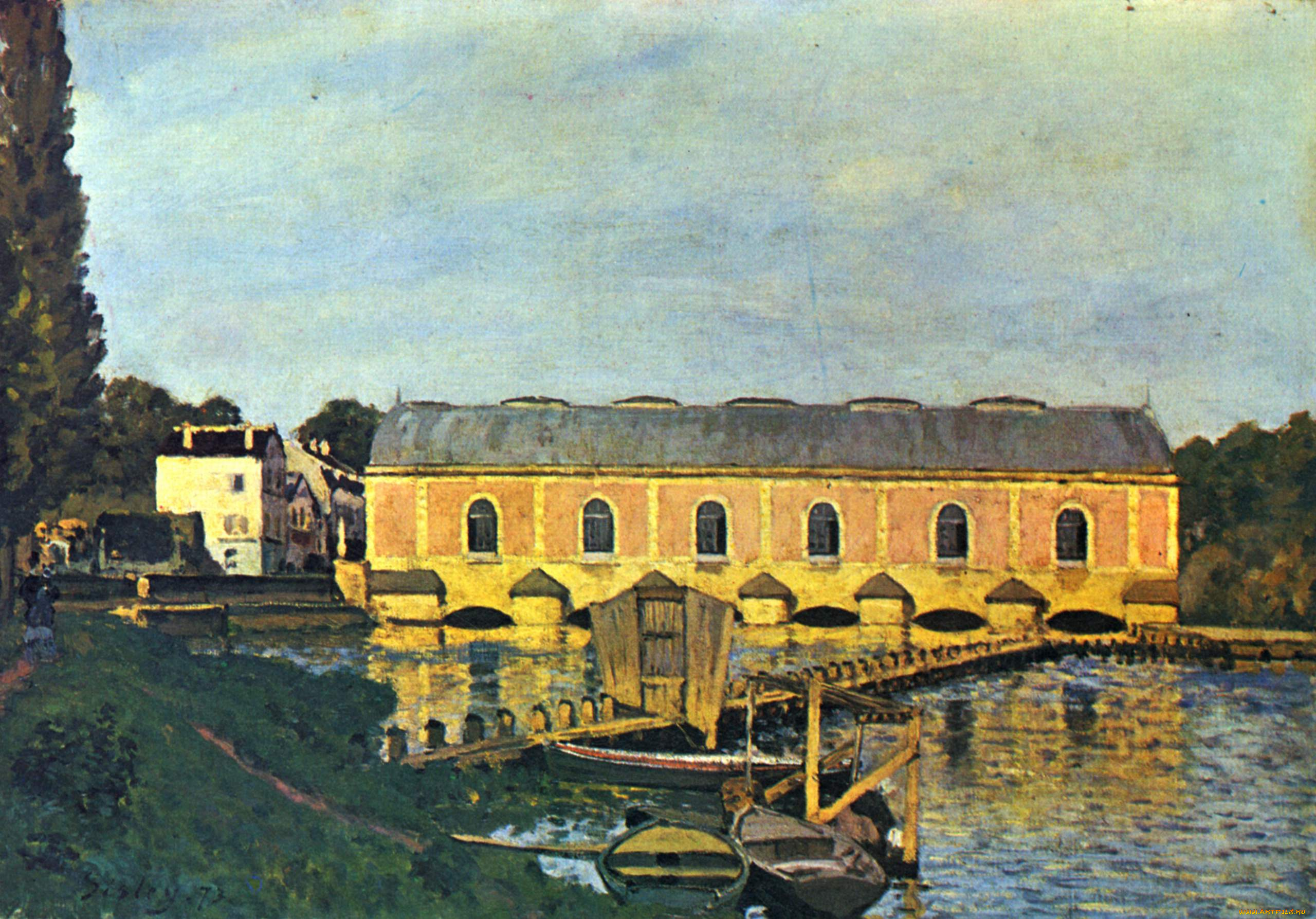 рисованное, alfred, sisley, река, мост, лодки, здания, живопись