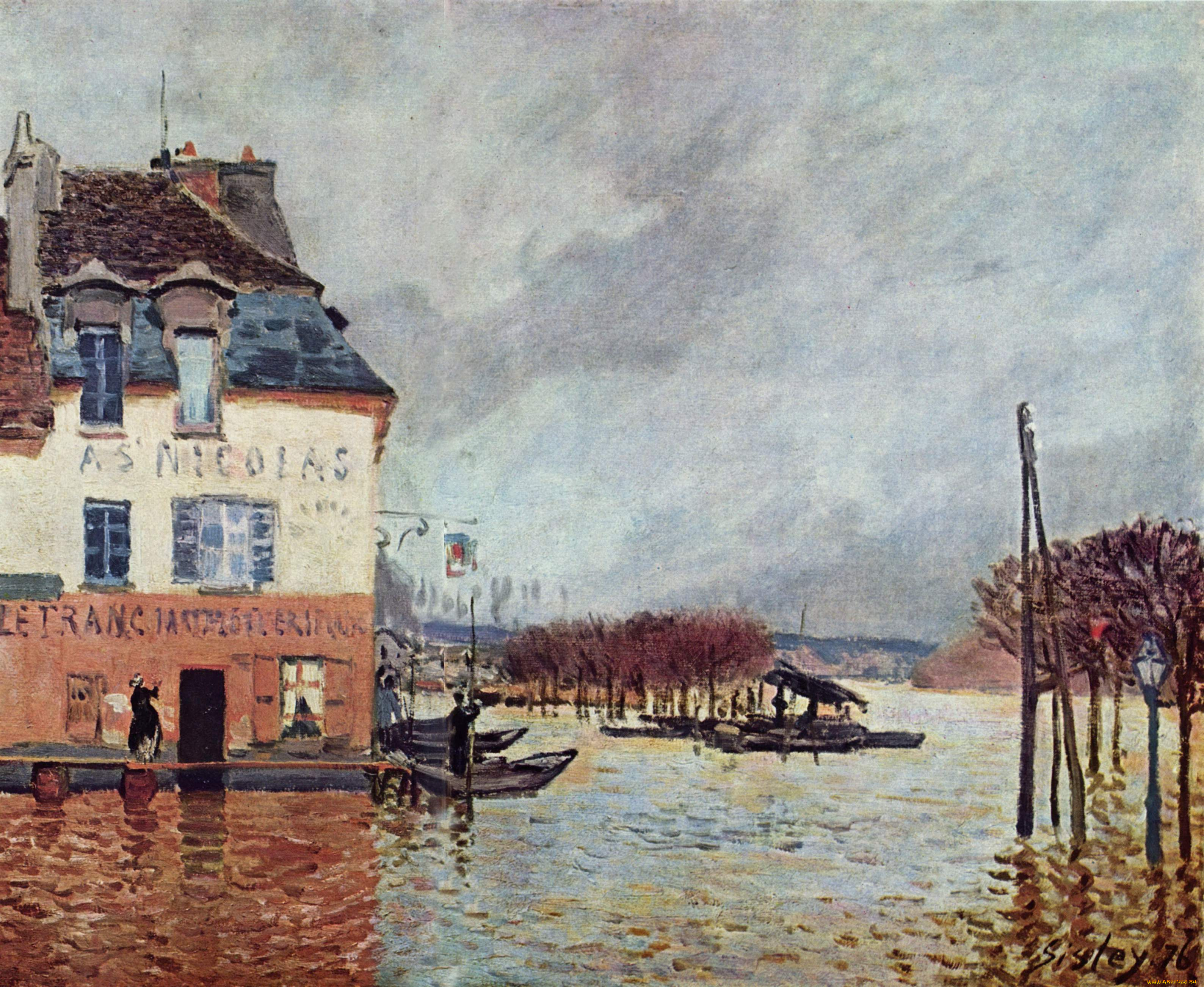 flood, at, port-marly, рисованное, alfred, sisley, здание, люди, лодки, наводнение, деревья