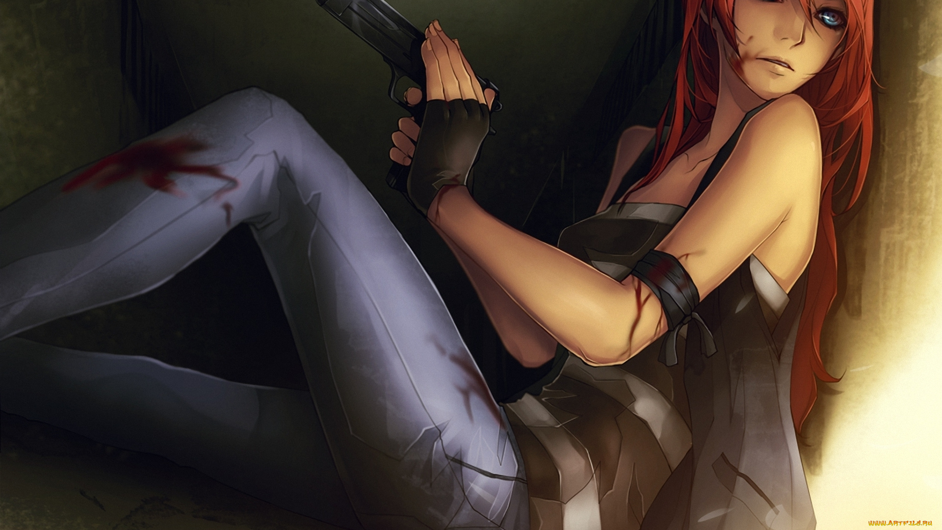 аниме, weapon, blood, technology, девушка, оружие, пистолет, кровь, рана, сидя, стена, рыжая