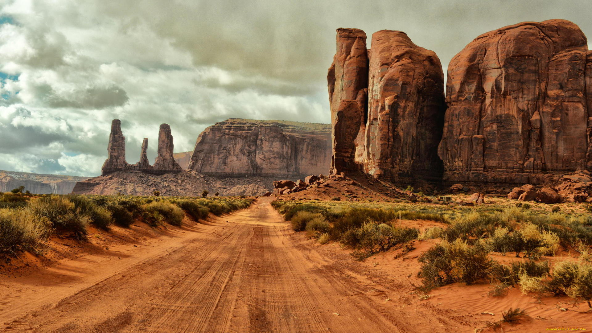 природа, дороги, долина, монументов, аризона, сша, monument, valley, arizona, скалы, кусты, дорога, грунт, песок, облака