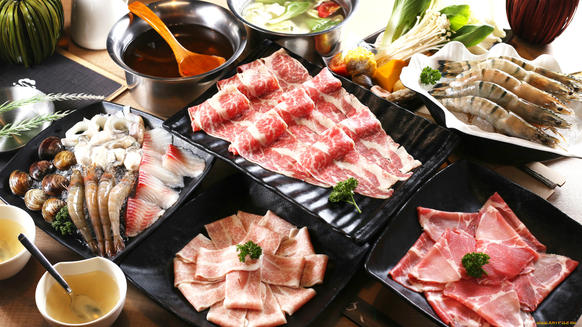 еда, разное, японская, кухня, морепродукты, ассорти, блюда, мясо, суп, моллюски, креветки, соус