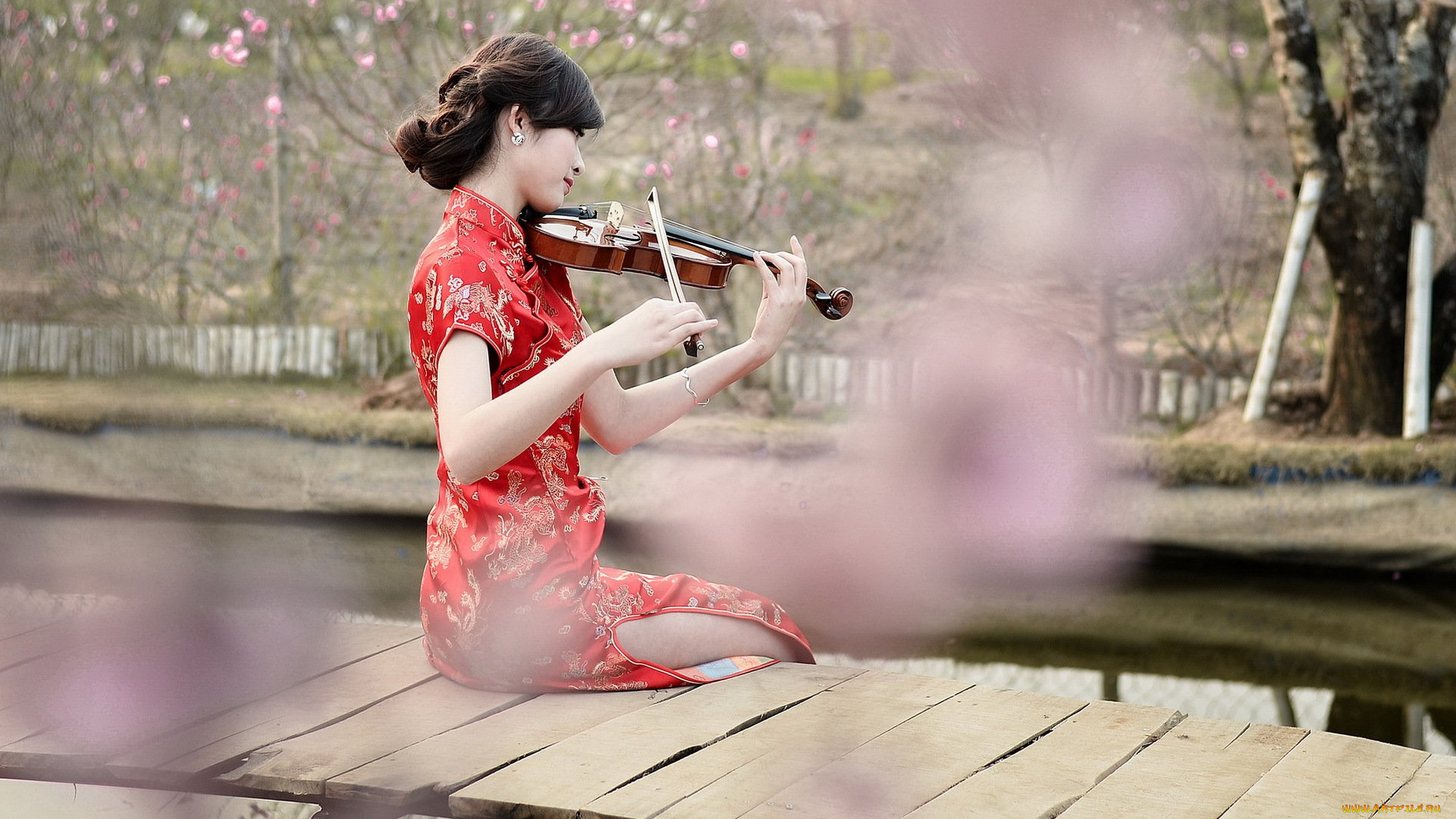 музыка, -другое, азиатка, кимоно, девушка, скрипка