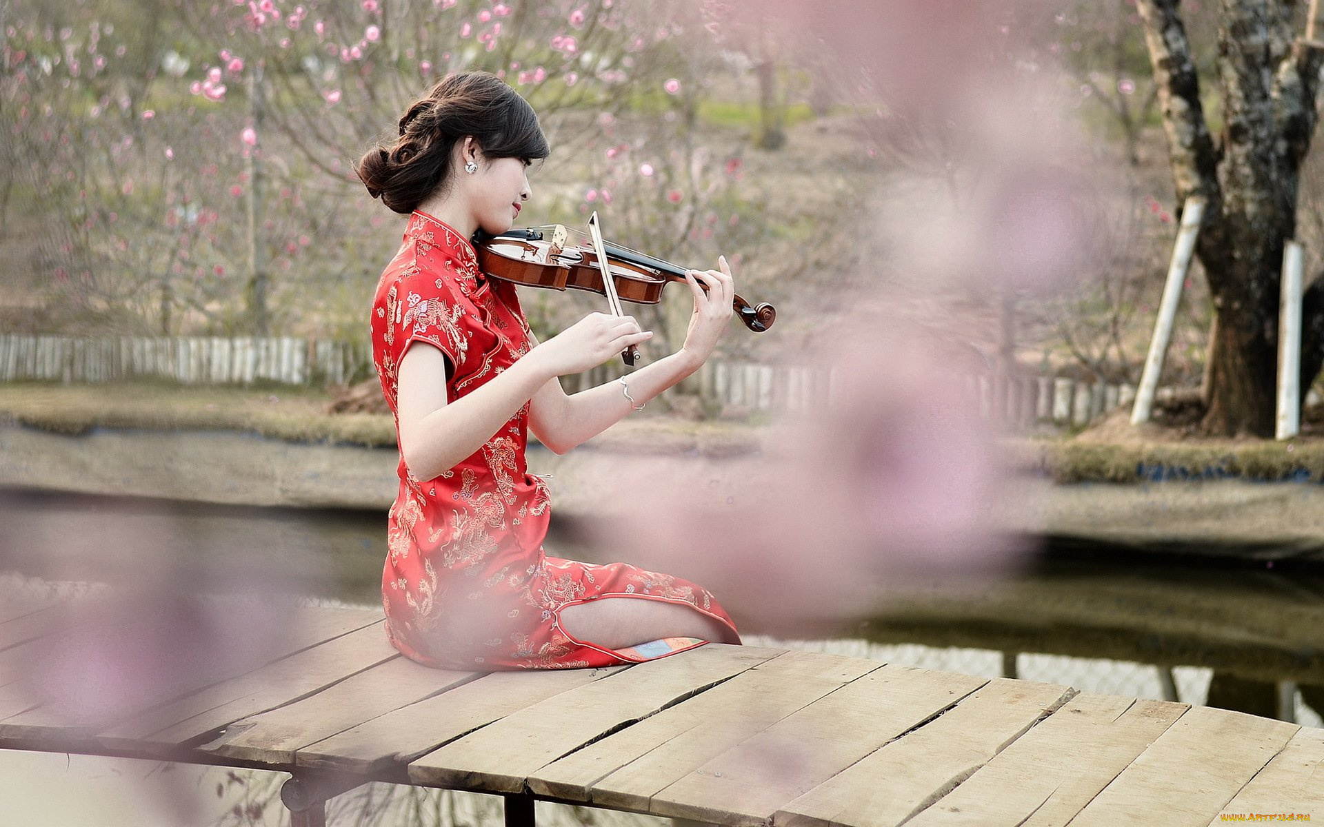 музыка, -другое, азиатка, кимоно, девушка, скрипка