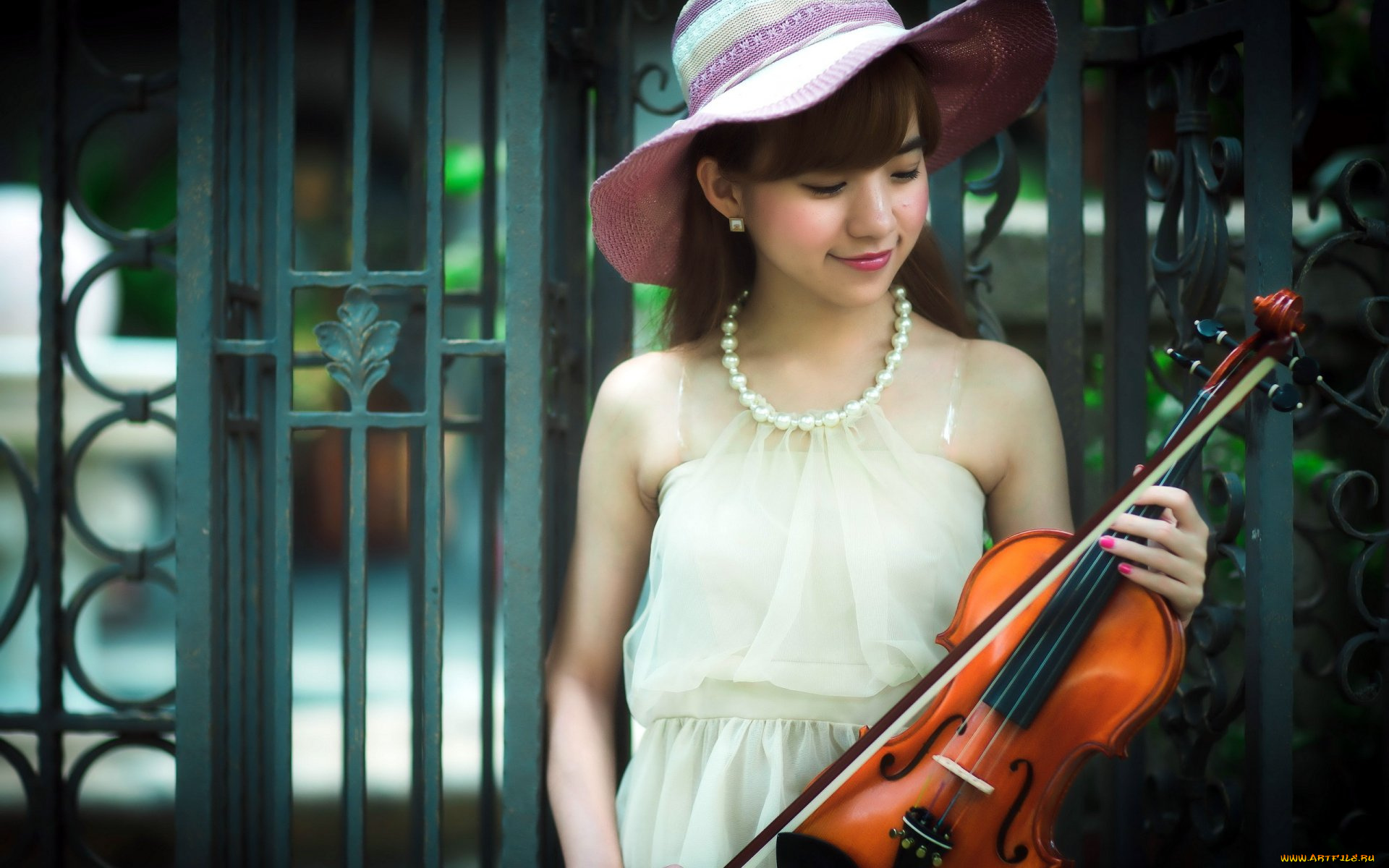 музыка, -другое, шляпа, азиатка, скрипка, девушка