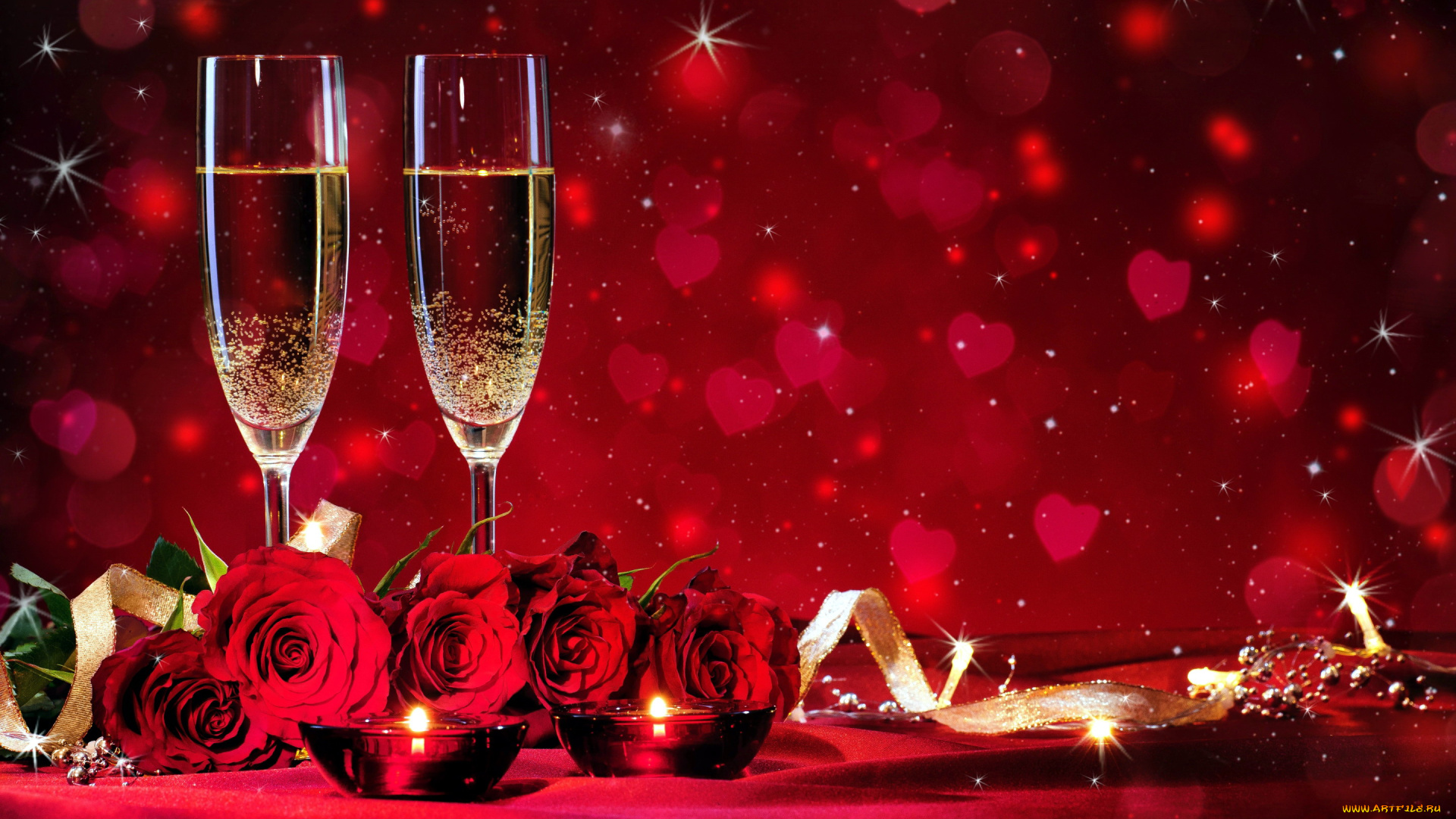 праздничные, день, святого, валентина, , сердечки, , любовь, свечи, бокалы, шампанское, розы, сердечки