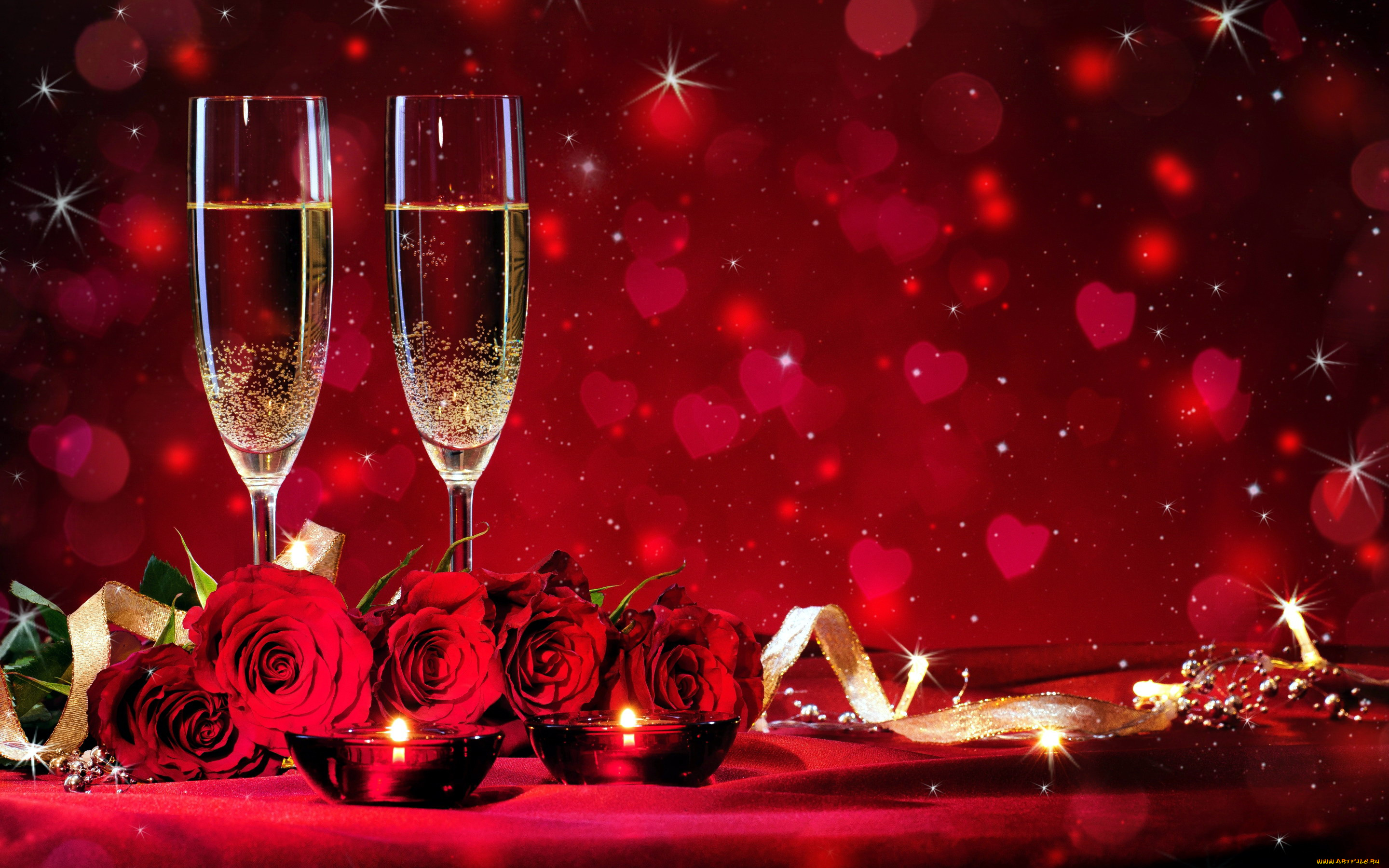 праздничные, день, святого, валентина, , сердечки, , любовь, свечи, бокалы, шампанское, розы, сердечки
