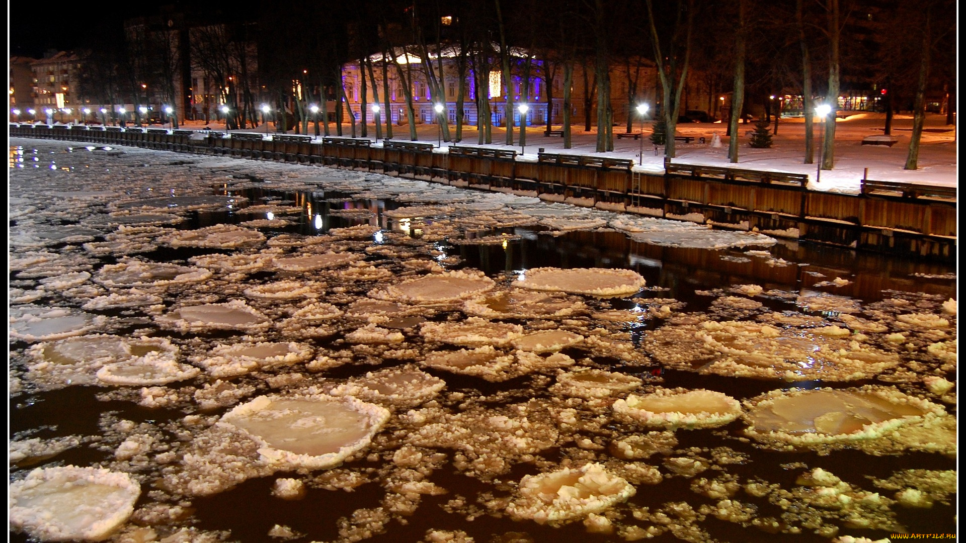 frozen, river, in, town, at, night, города, огни, ночного, набережная, ночь, река, дома