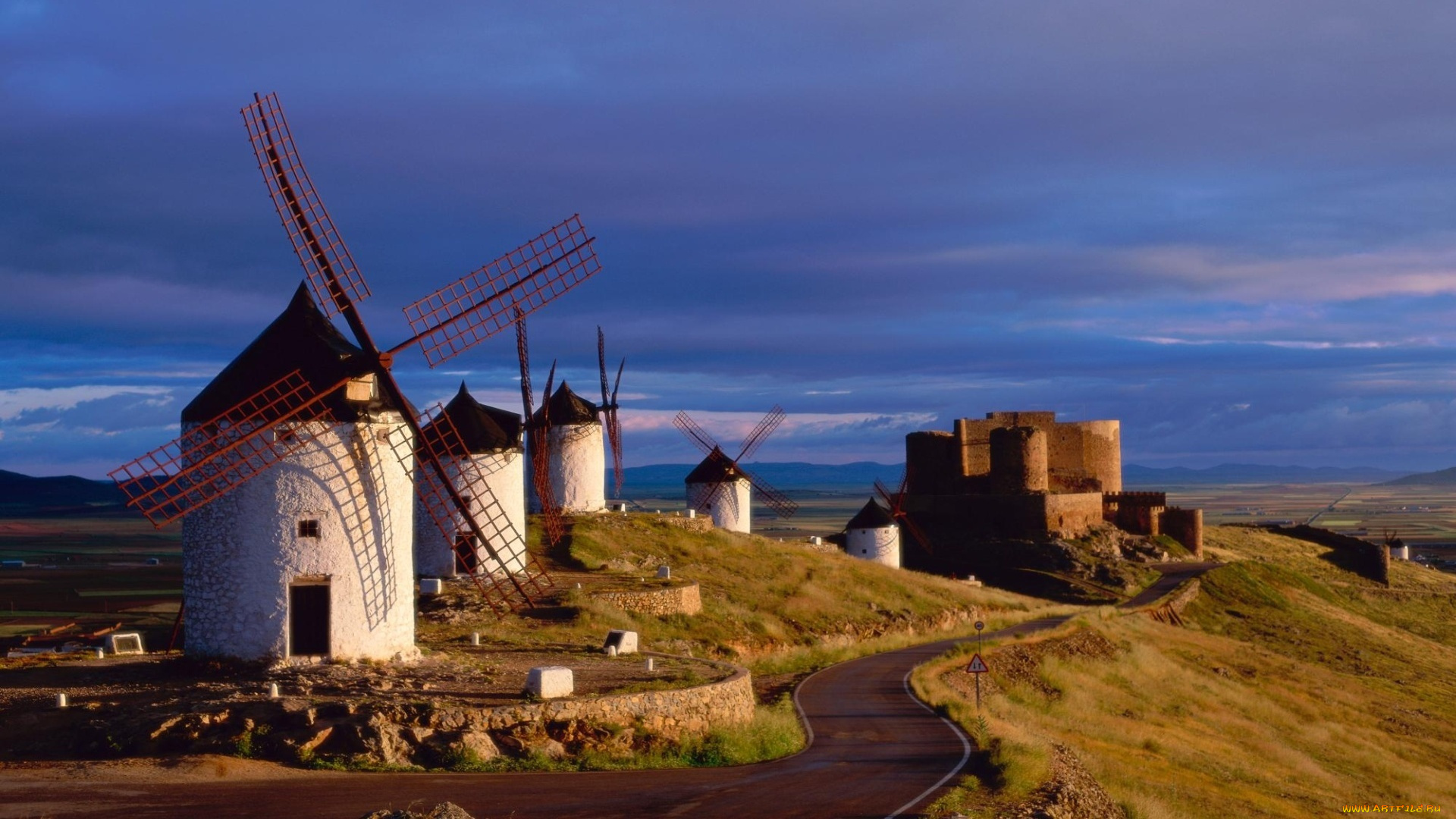 windmills, in, cosuegra, spain, разное, мельницы, испания, замок, дорога