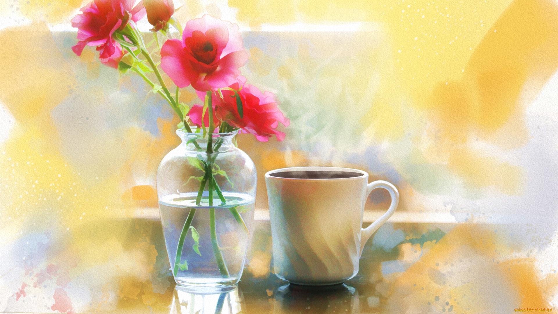 рисованные, живопись, натюрморт, ваза, цветы, розы, чашка, кофе