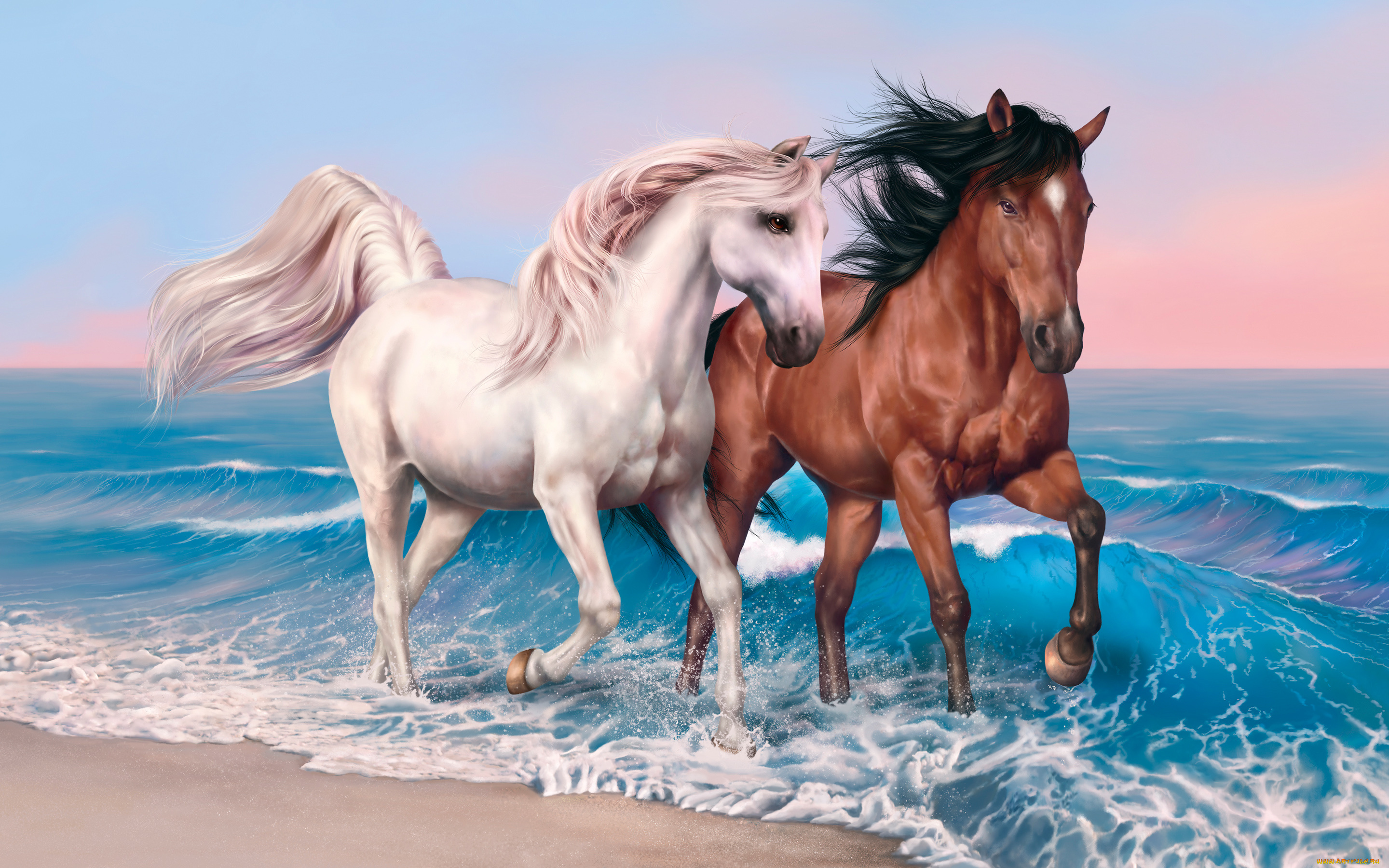 рисованные, животные, , лошади, море, лошади, кони