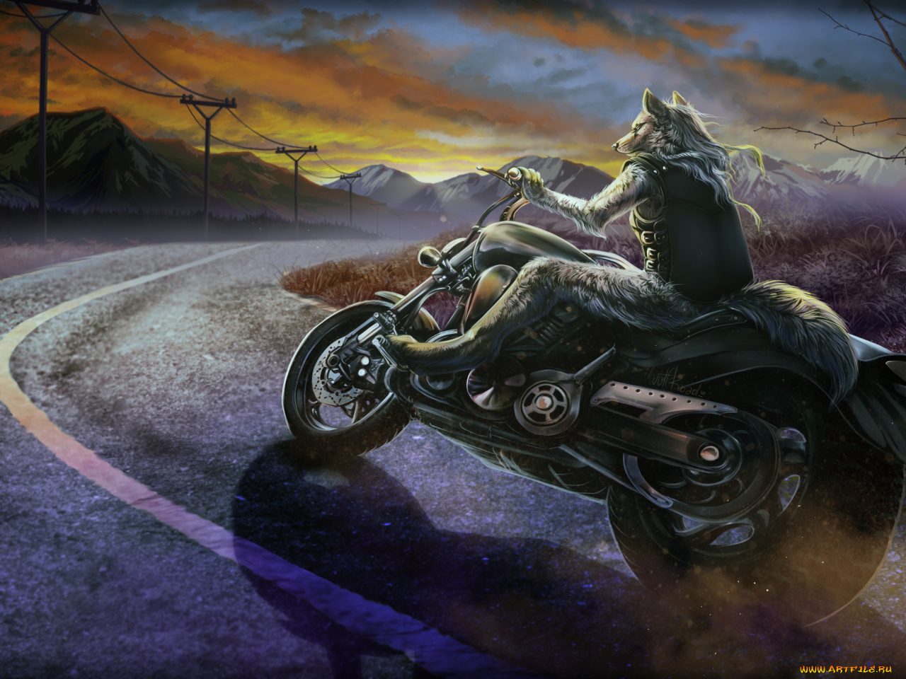Арт фурри волк на мотоцикле