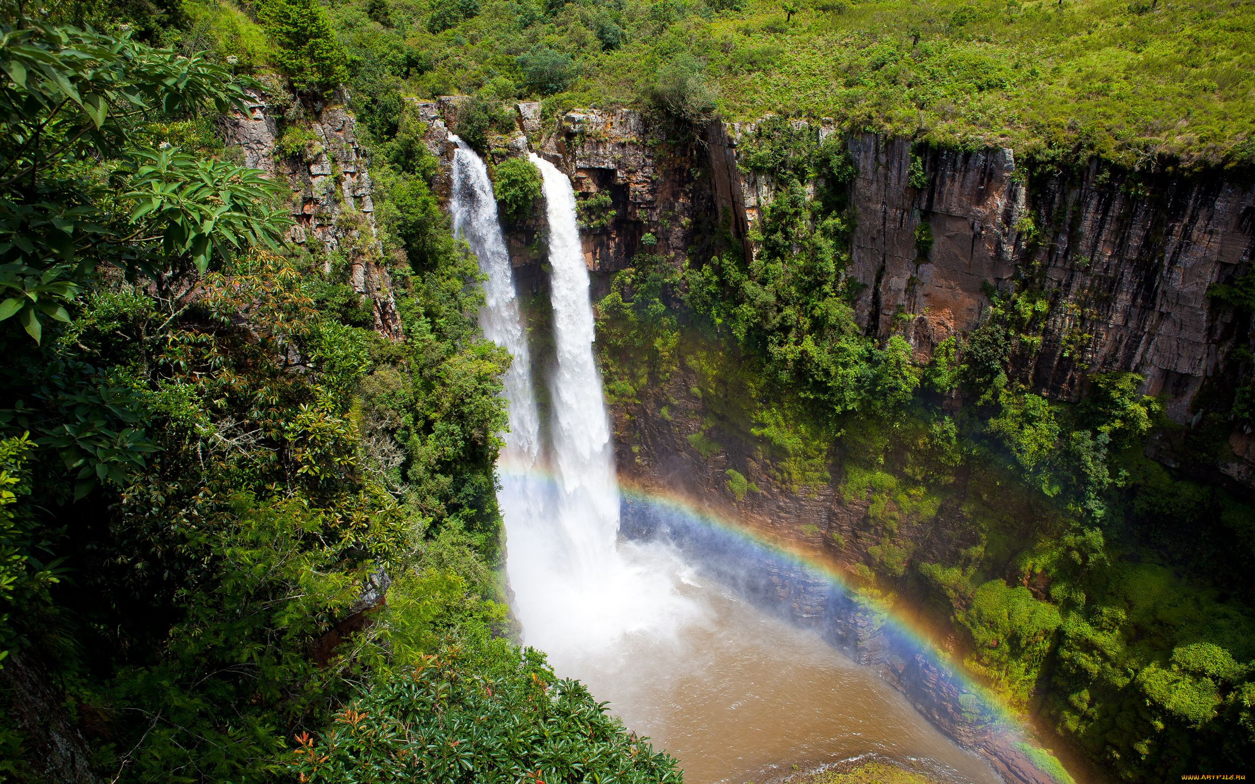 природа, водопады, скалы, радуга, деревья