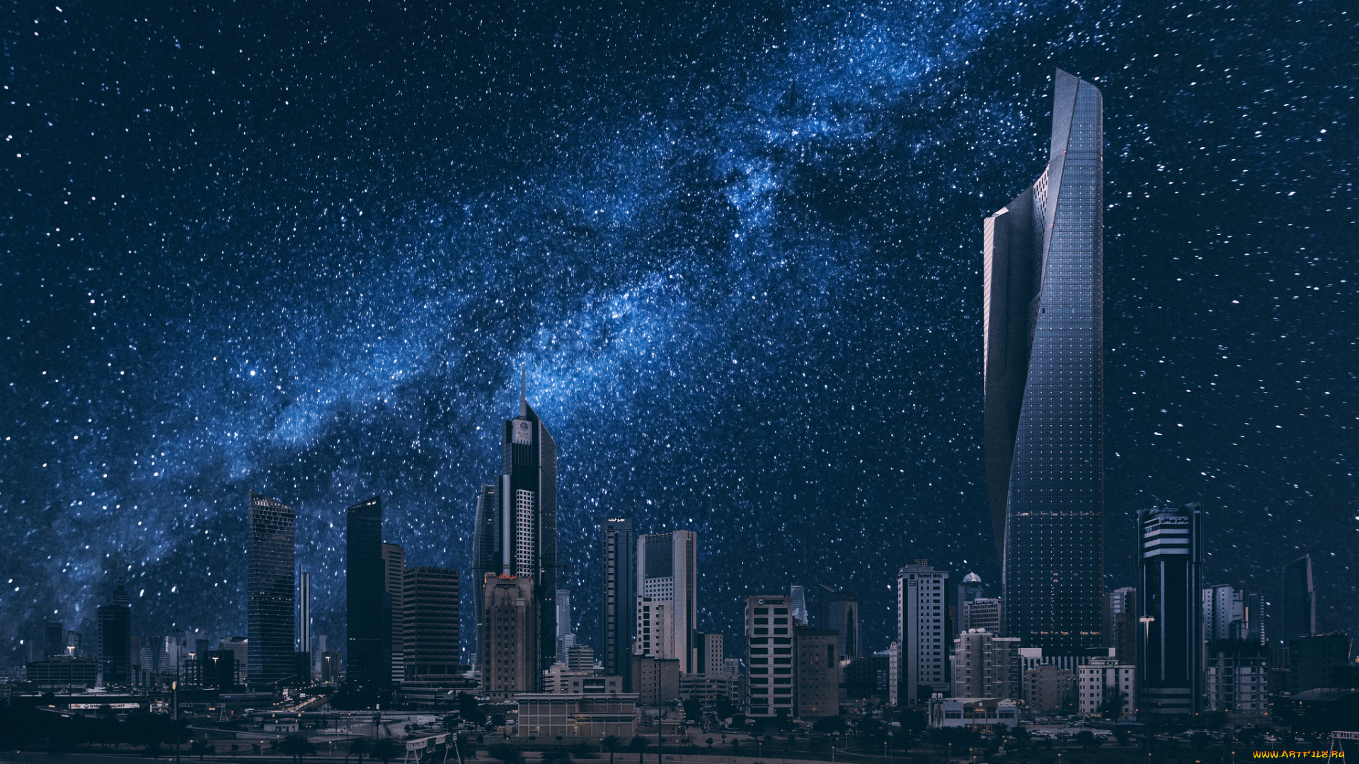 kuwait, city, города, столицы, государств, здания, звёздное, небо, ночной, город, кувейт