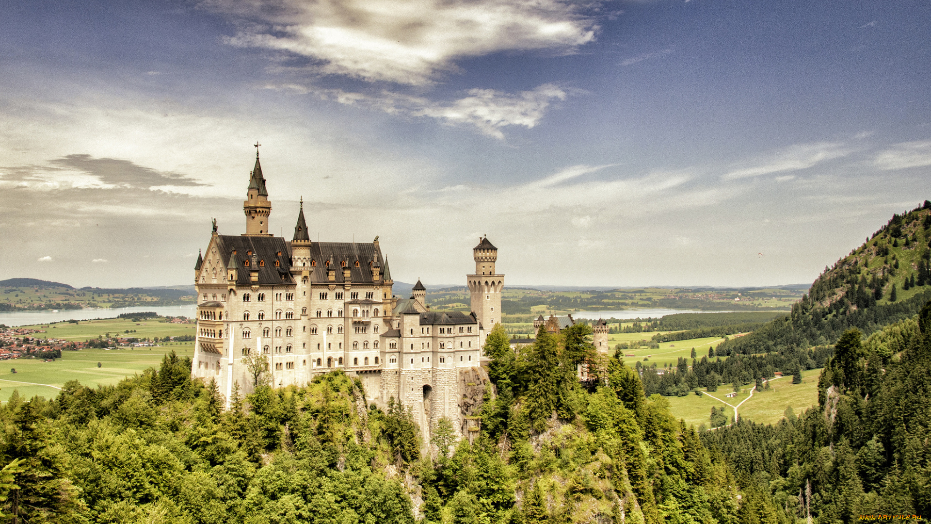 neuschwanstein, castle, bavaria, germany, города, замок, нойшванштайн, германия, скала, бавария, лес, пейзаж