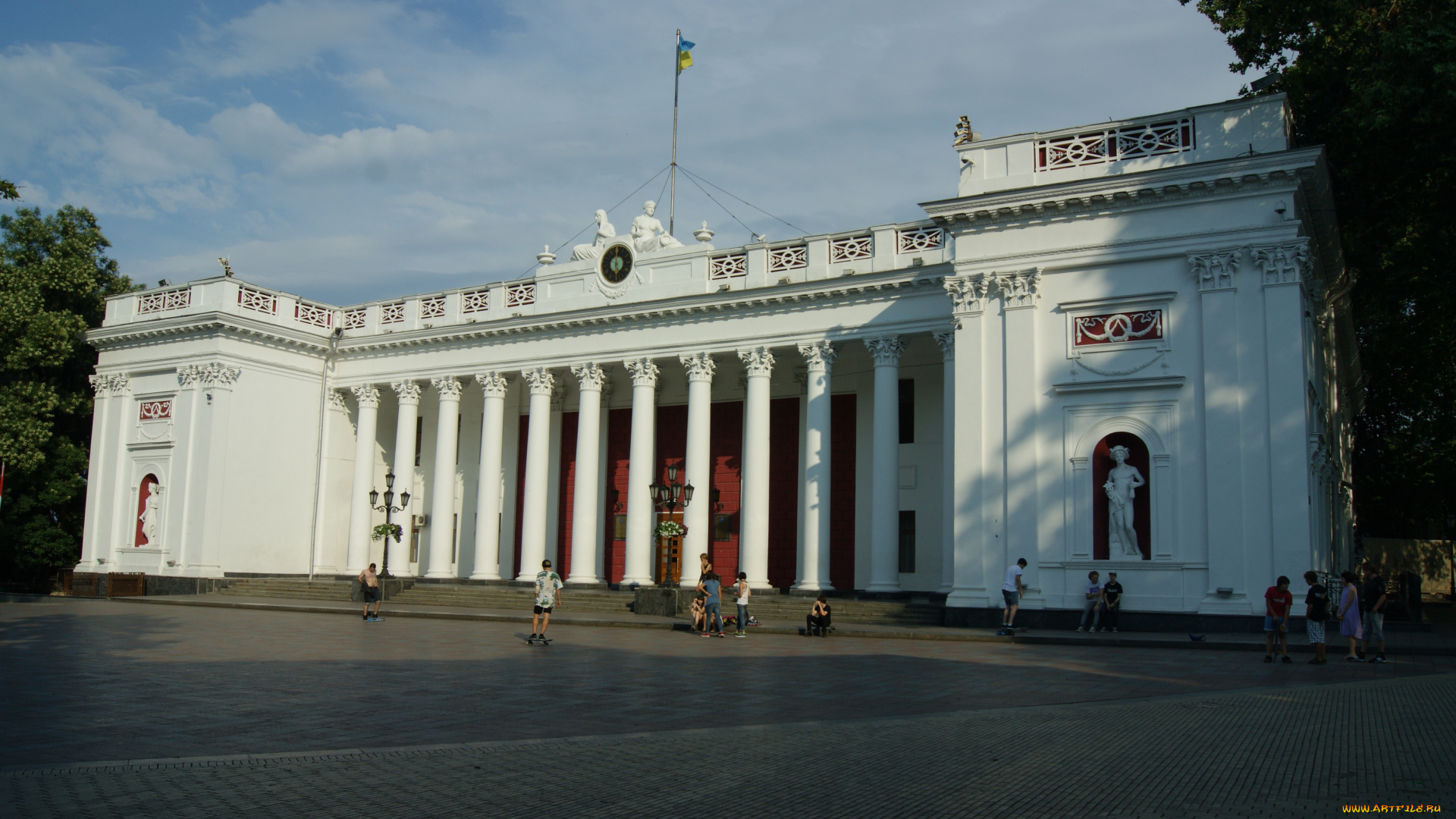 одесса, здание, городской, думы, города, здания, дома, облака, небо, деревья, прохожие