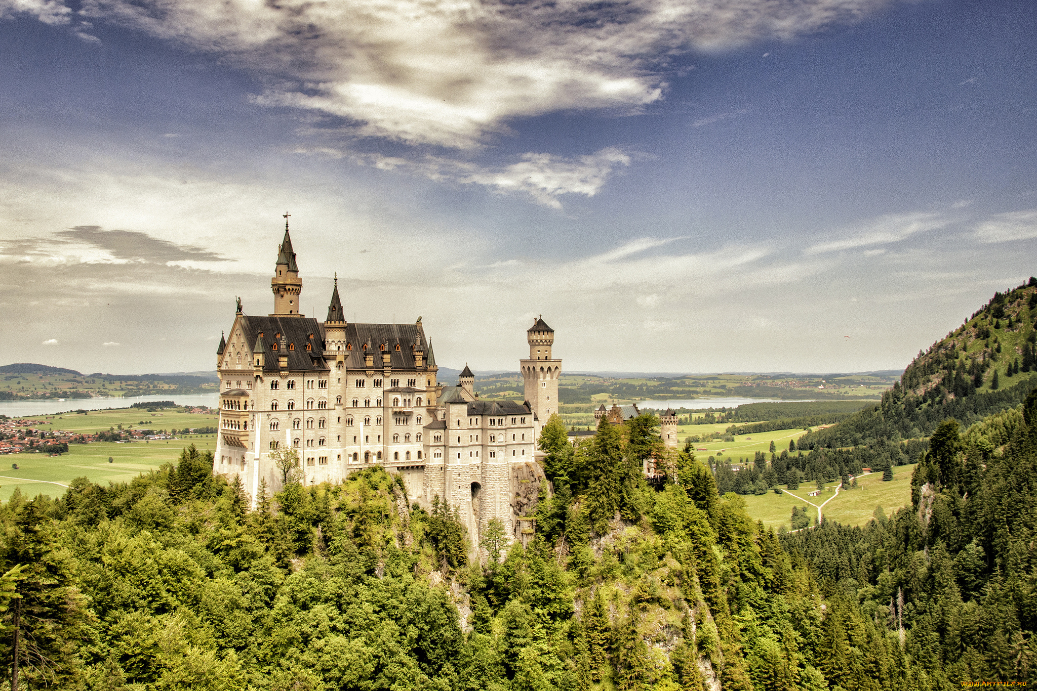 neuschwanstein, castle, bavaria, germany, города, замок, нойшванштайн, германия, скала, бавария, лес, пейзаж