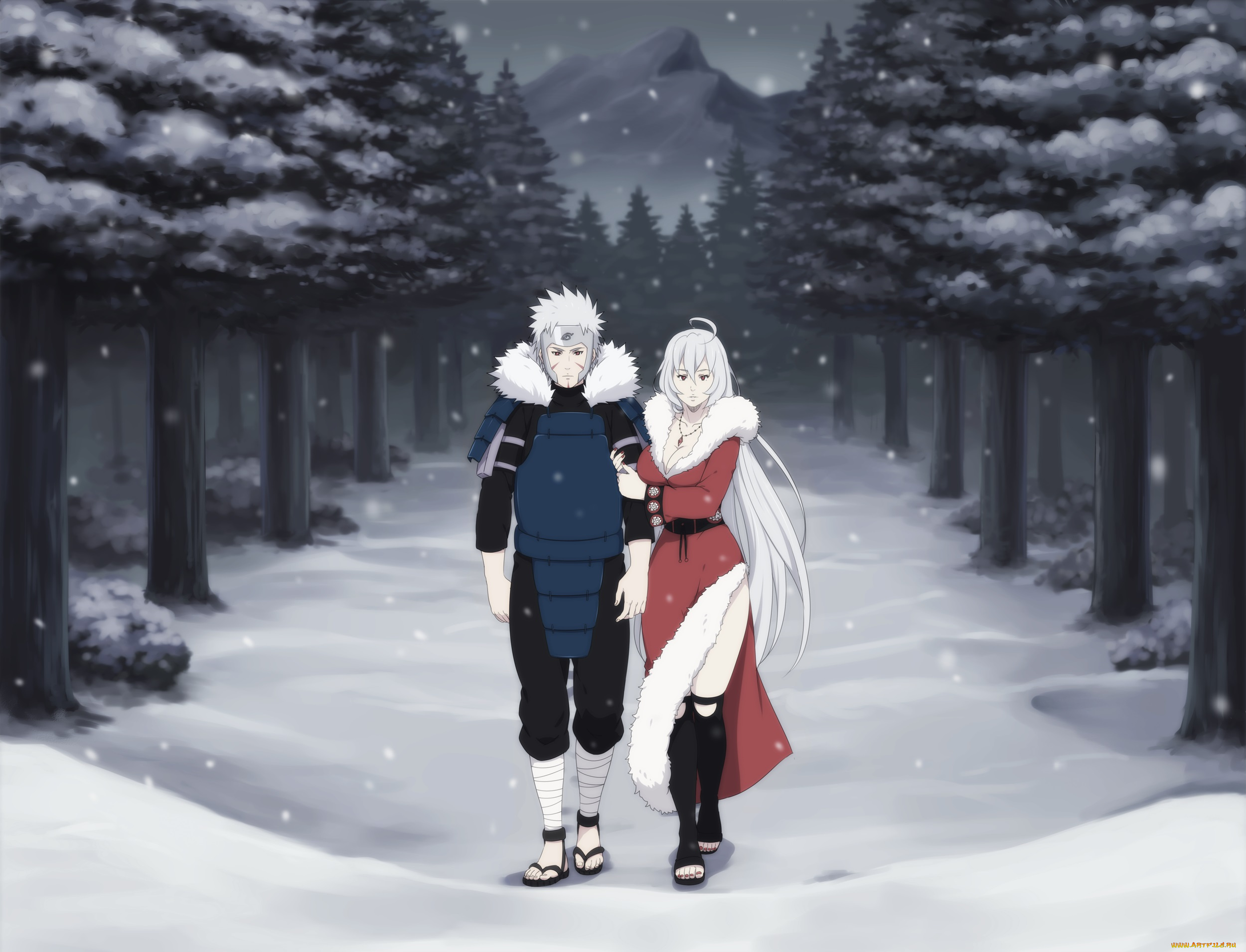 аниме, naruto, горы, деревья, снег