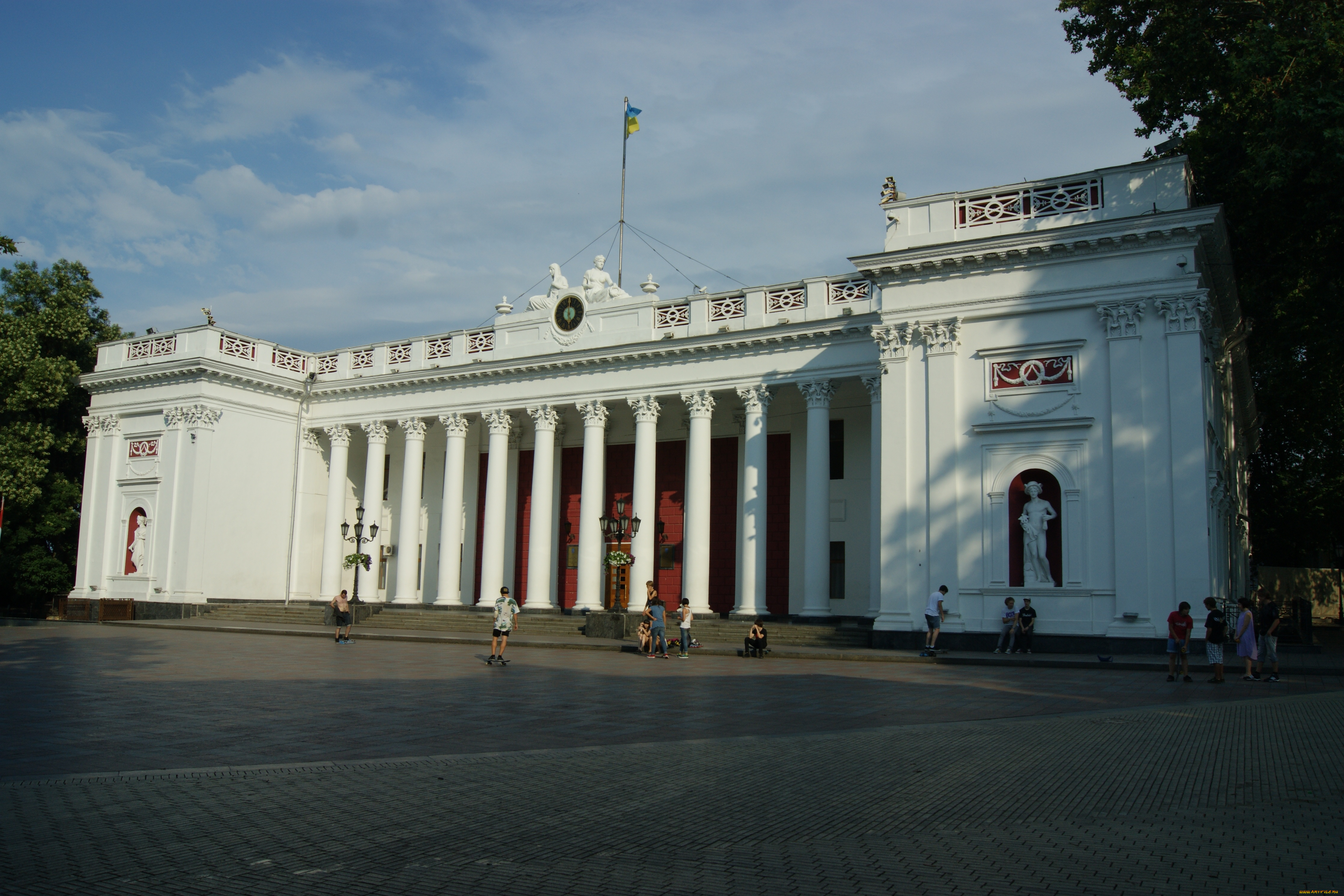 одесса, здание, городской, думы, города, здания, дома, облака, небо, деревья, прохожие