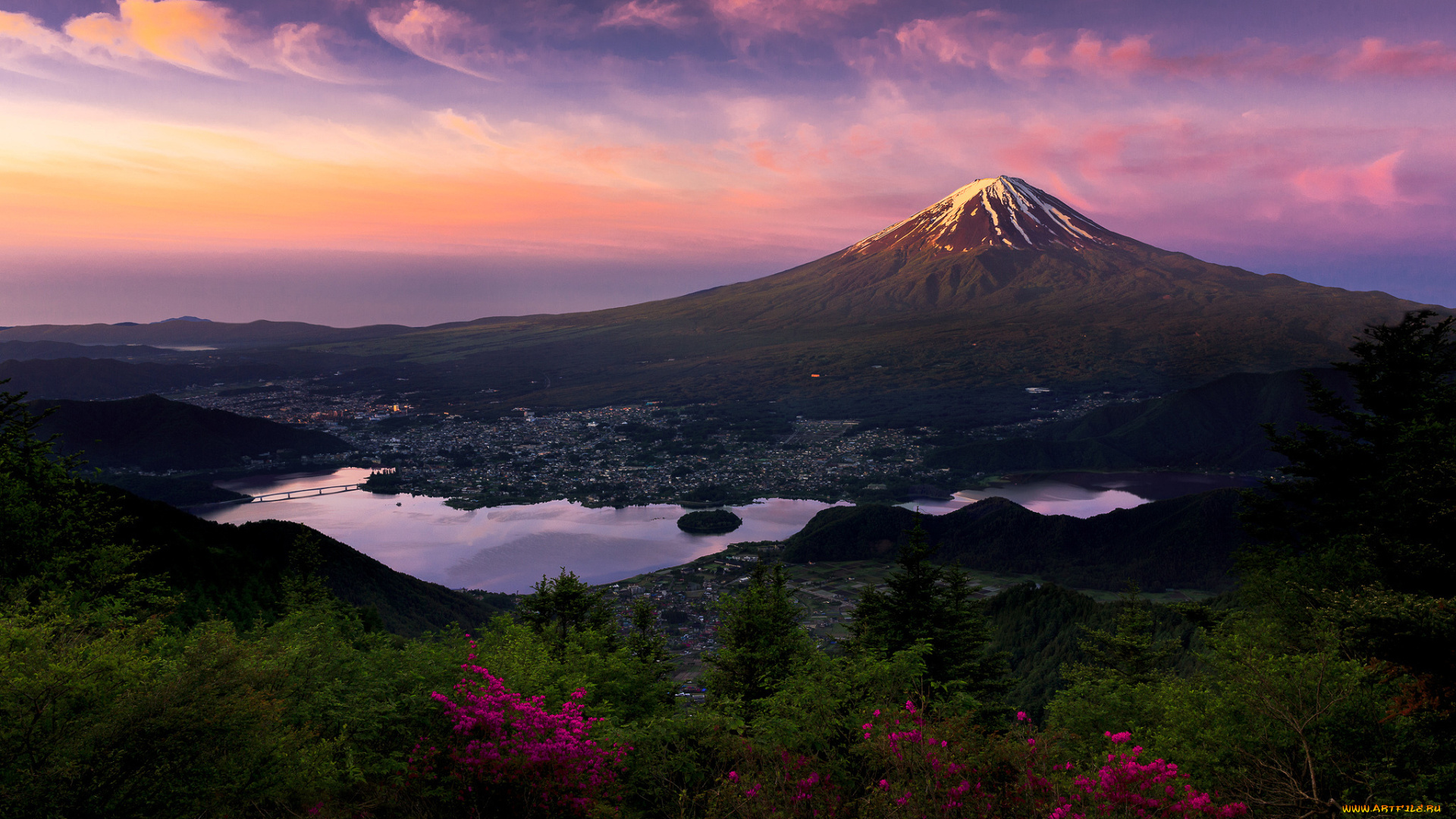 природа, пейзажи, первые, лучи, утро, фудзияма, стратовулкан, гора, остров, хонсю, Япония