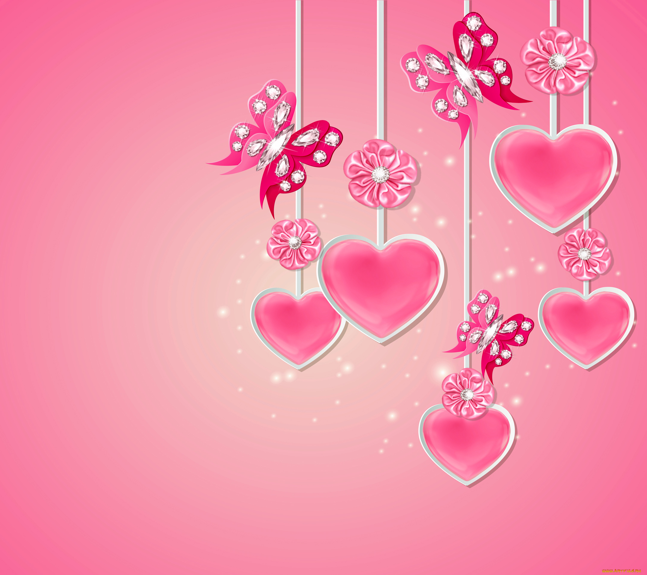 праздничные, день, святого, валентина, , сердечки, , любовь, pink, love, hearts, butterflies, diamonds, design, sparkle, flowers