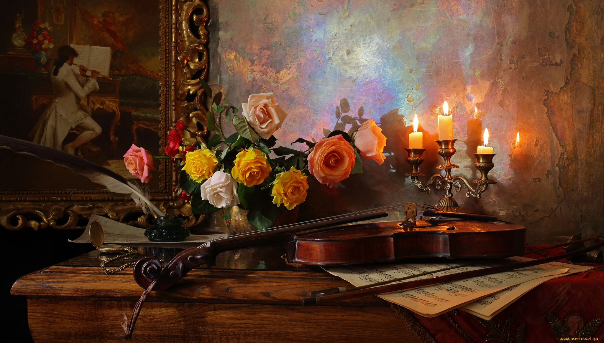 музыка, -музыкальные, инструменты, still, life, скрипка, столик, розы, ваза, свечи, картина, андрей, морозов, andrey, morozov, чернильница, перо, ноты, цветы