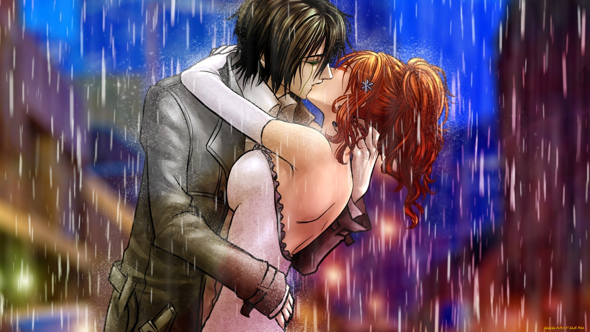 аниме, bleach, дождь, парень, девушка, поцелуй