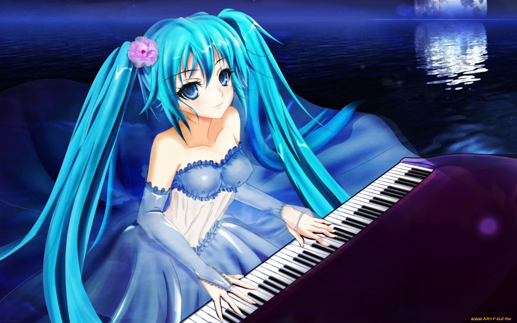 аниме, vocaloid, луна, озеро, ночь, пианино, рояль, hatsune, miku