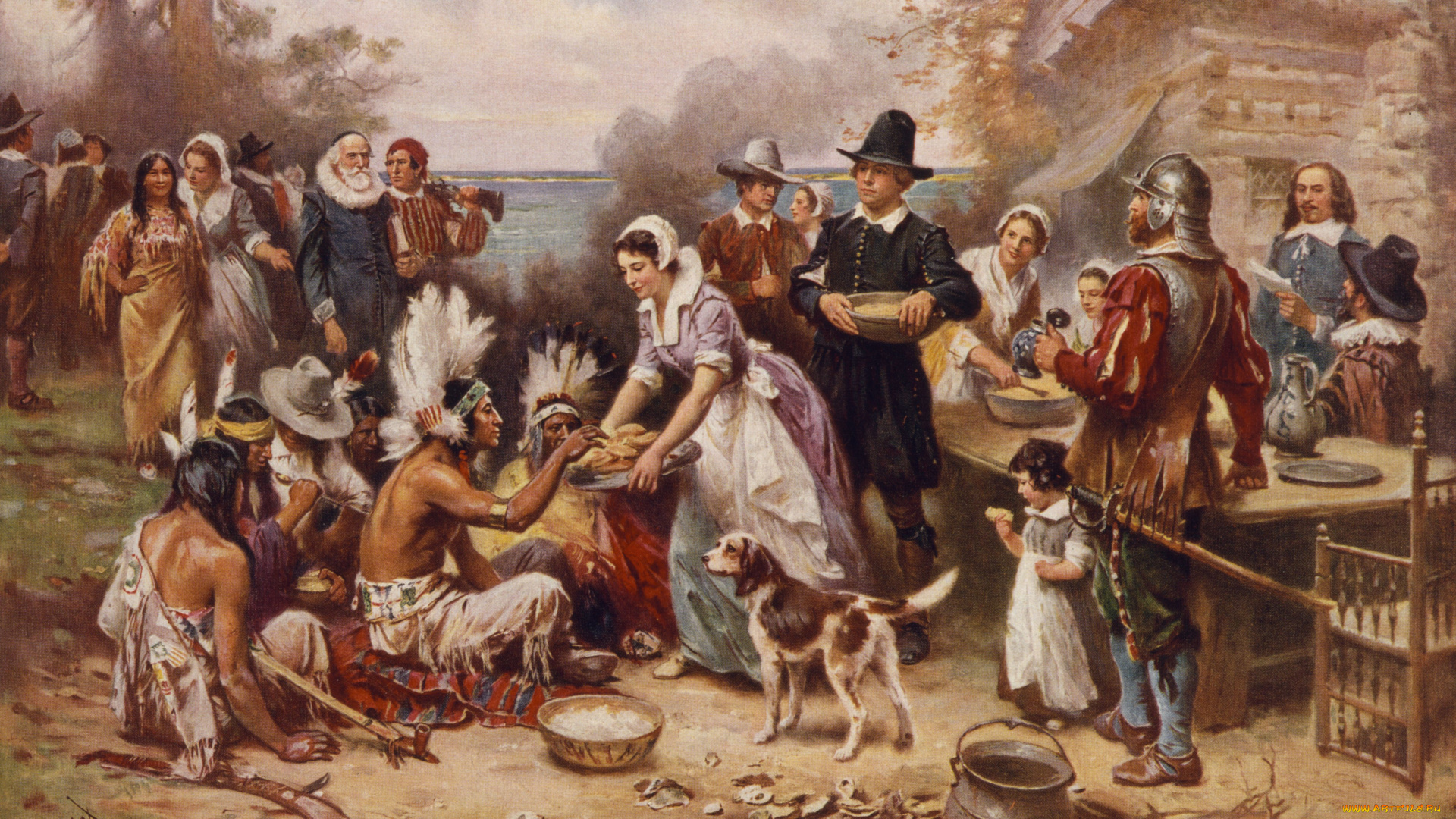 jean, leon, gerome, ferris, the, first, thanksgiving, 1621, рисованные, индейцы, день, благодарения