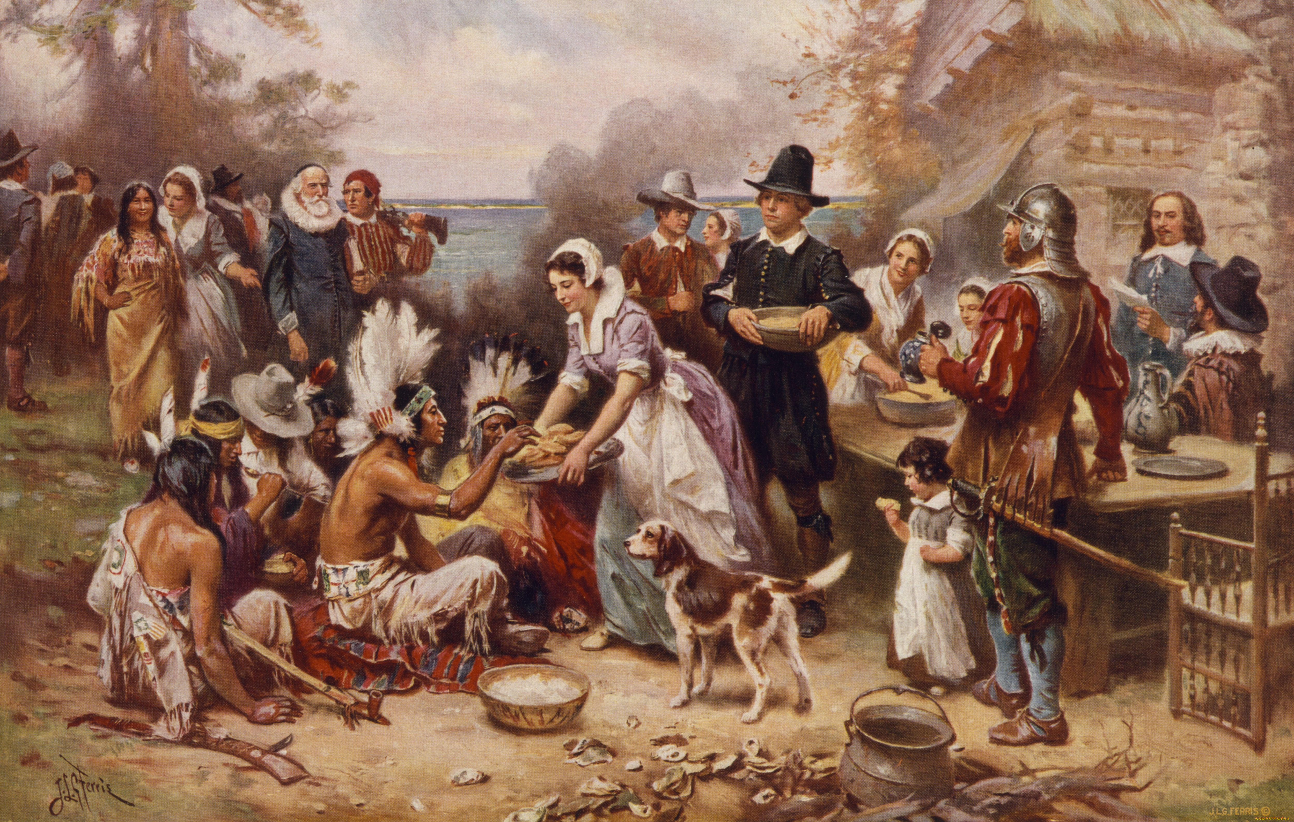 jean, leon, gerome, ferris, the, first, thanksgiving, 1621, рисованные, индейцы, день, благодарения
