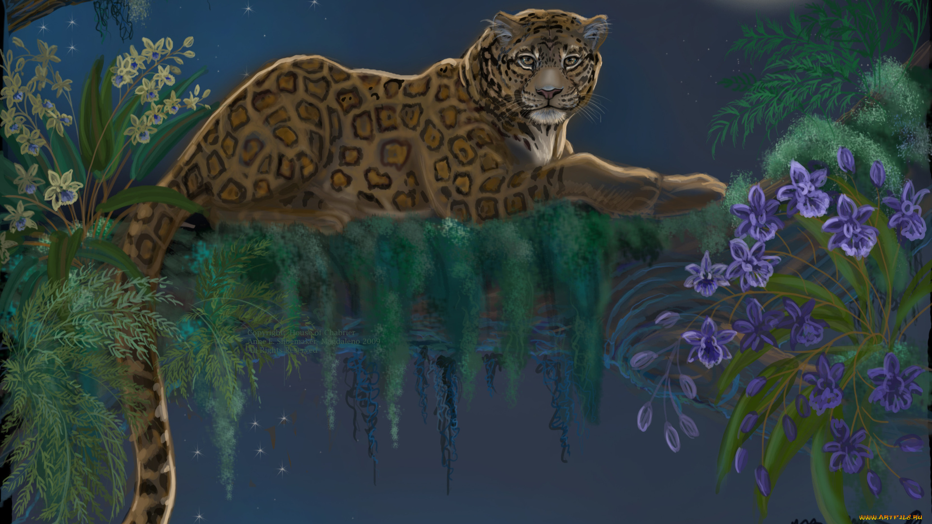 рисованные, животные, леопард, животное, хищник, взгляд, хвост, дерево, цветы, листья, лежит, ночь, луна