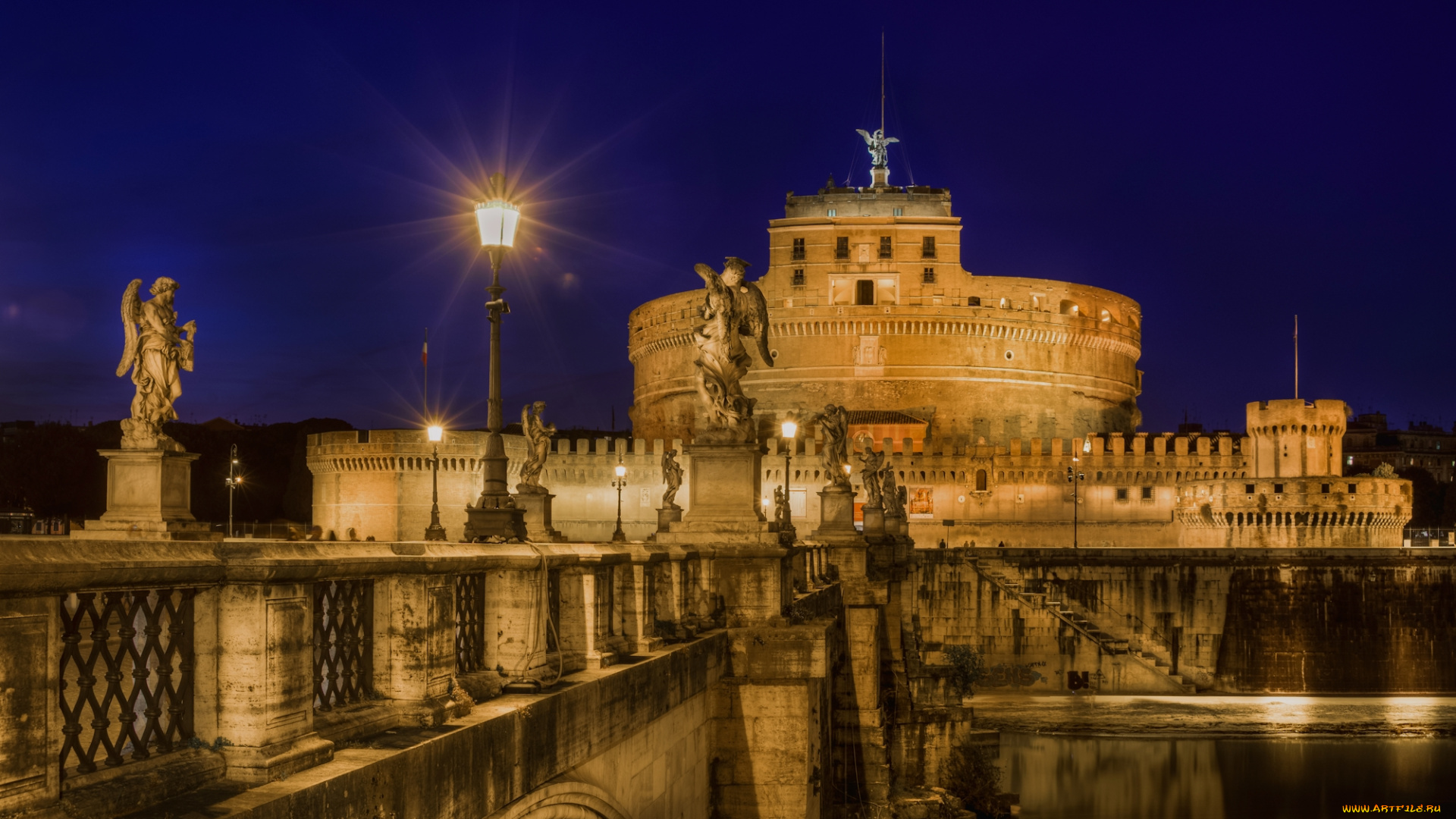 castel, sant, `angelo, города, рим, , ватикан, , италия, ночь, мост, замок