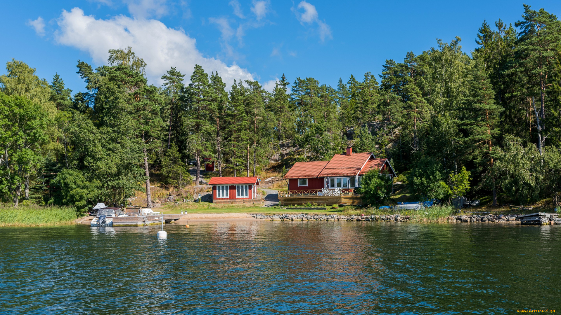 города, -, пейзажи, щвеция, stockholms, река, берег, камни, деревья, дом, лодка, лес