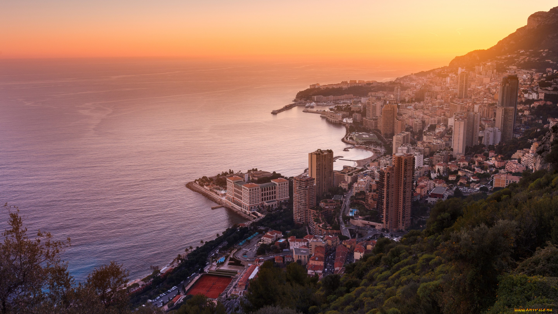 города, монако, , монако, monte, carlo, море, побережье, дома, горизонт, рассвет