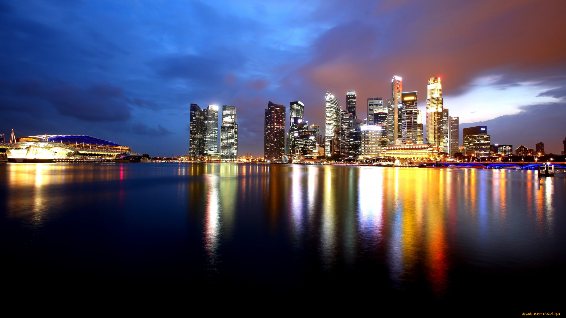 города, сингапур, , сингапур, залив, побережье, небоскребы, вода, отражение, ночь, огни