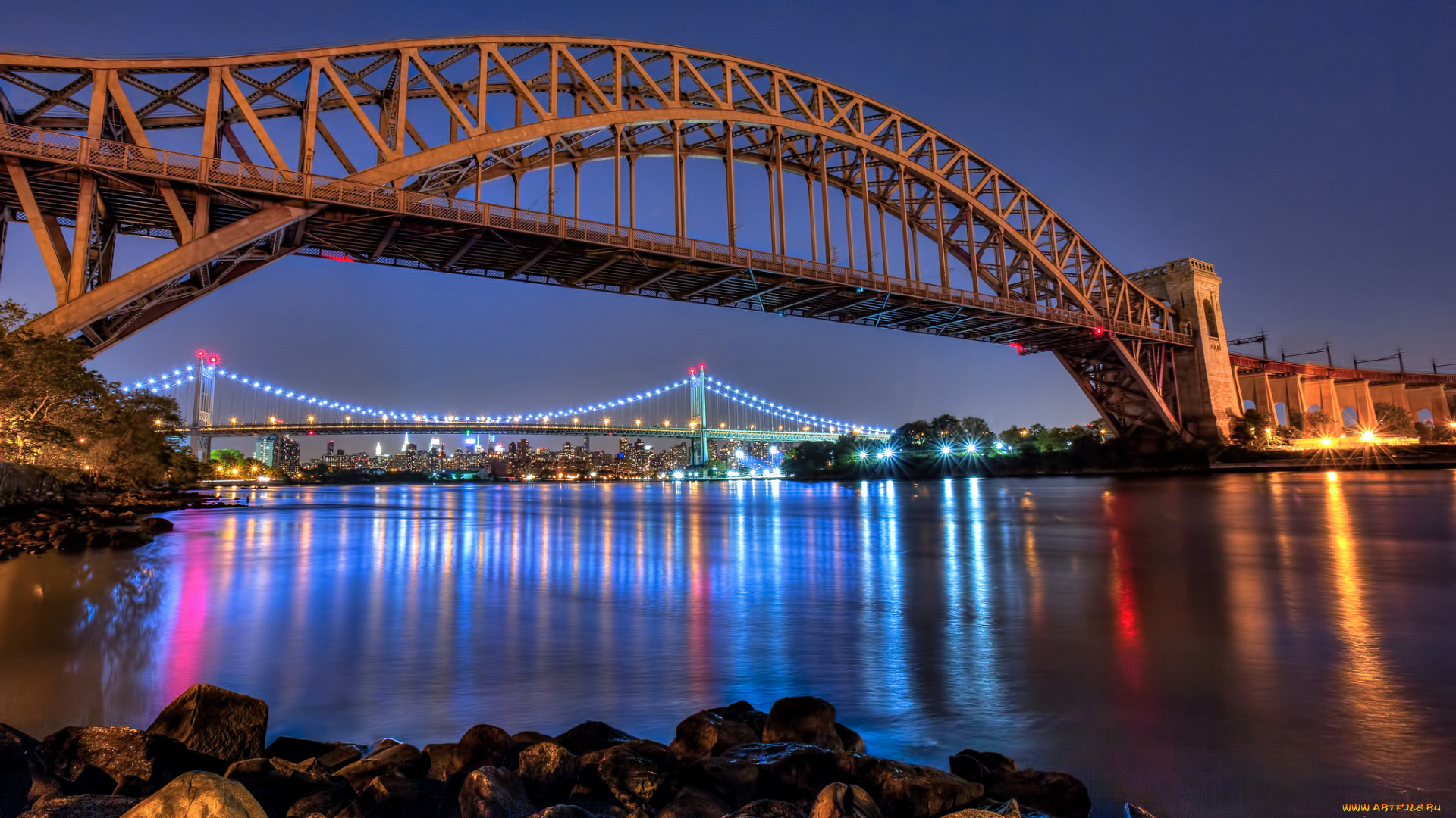 hell, gate, and, triborough, bridges, города, нью-йорк, , сша, парк, река, мосты