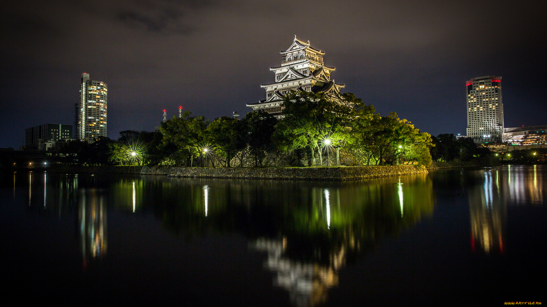 hiroshima, castle, города, замки, Японии, замок, водоем, ночь