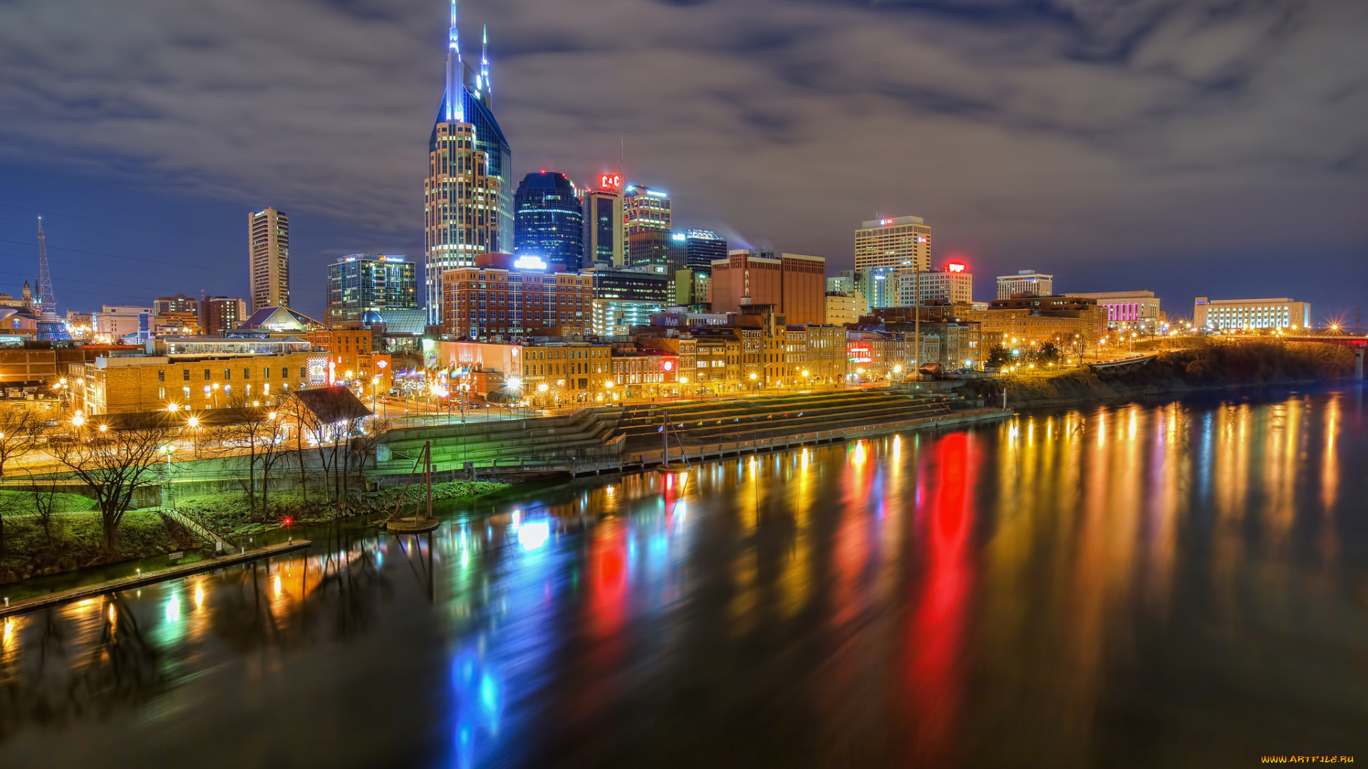 nashville, города, -, огни, ночного, города, ночь, река, набережная, небоскребы, огни